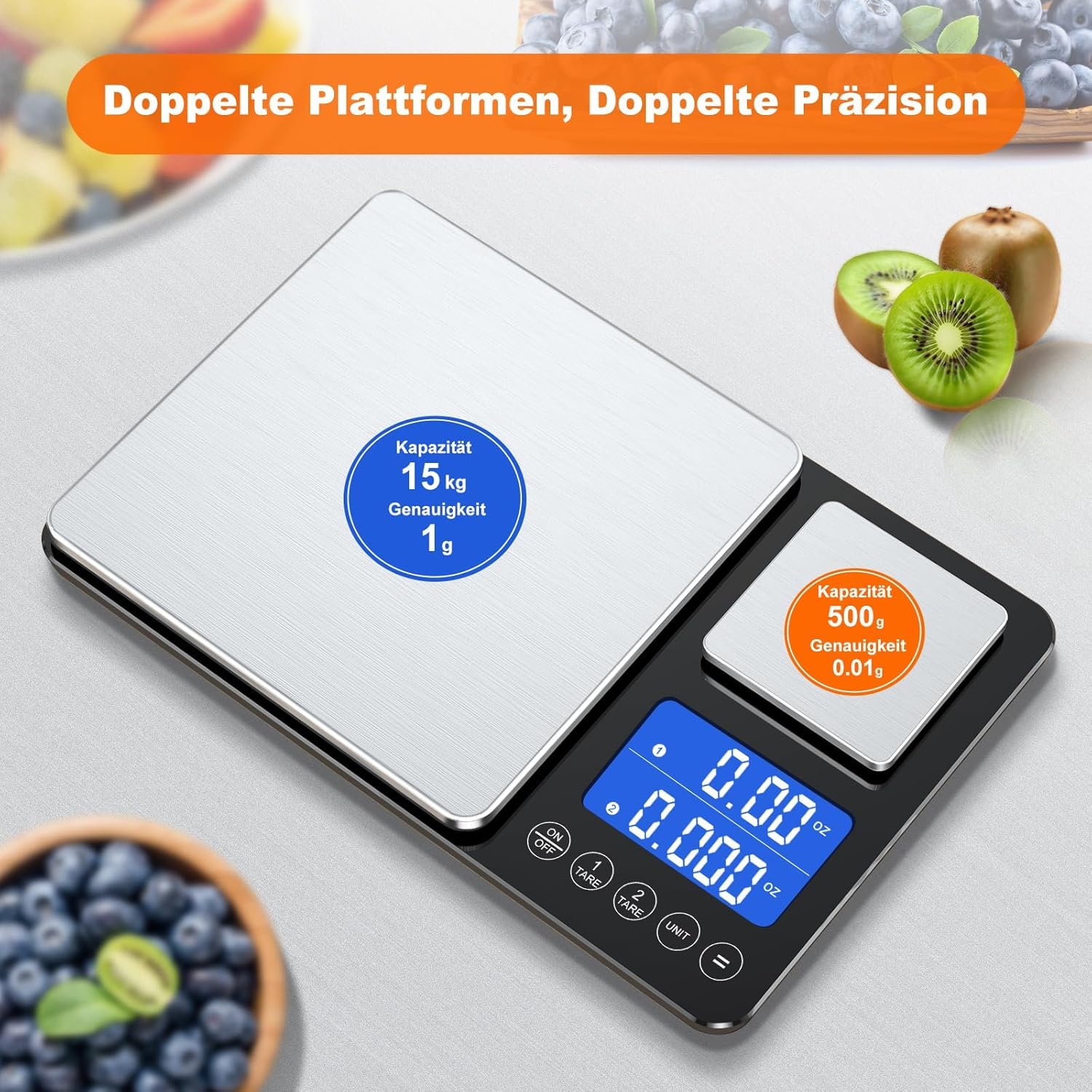 Thumbnail 2 de Küchenwaage Digital mit Zwei Plattformen – 15 kg/1 g und 500 g/0,01 g Feinwaage