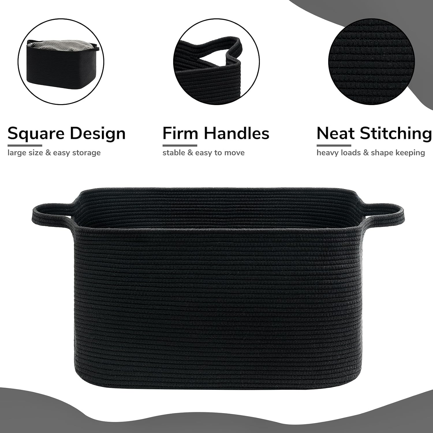 Detalle 2 de Goodpick woven-Lsquare blackGoodpick Cotton Rope Laundry Basket, Black, 65 L