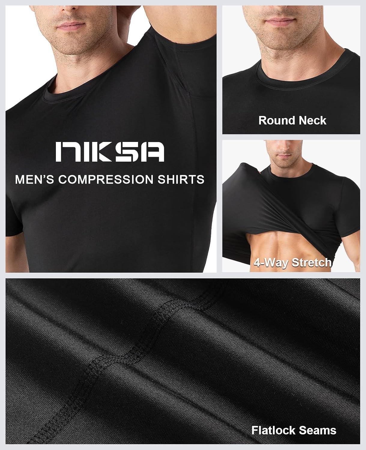 Detalle de Niksa Men’s Compression Shirt (3-Pack) – short sleeve gym & training base layer with quick-dry stretch