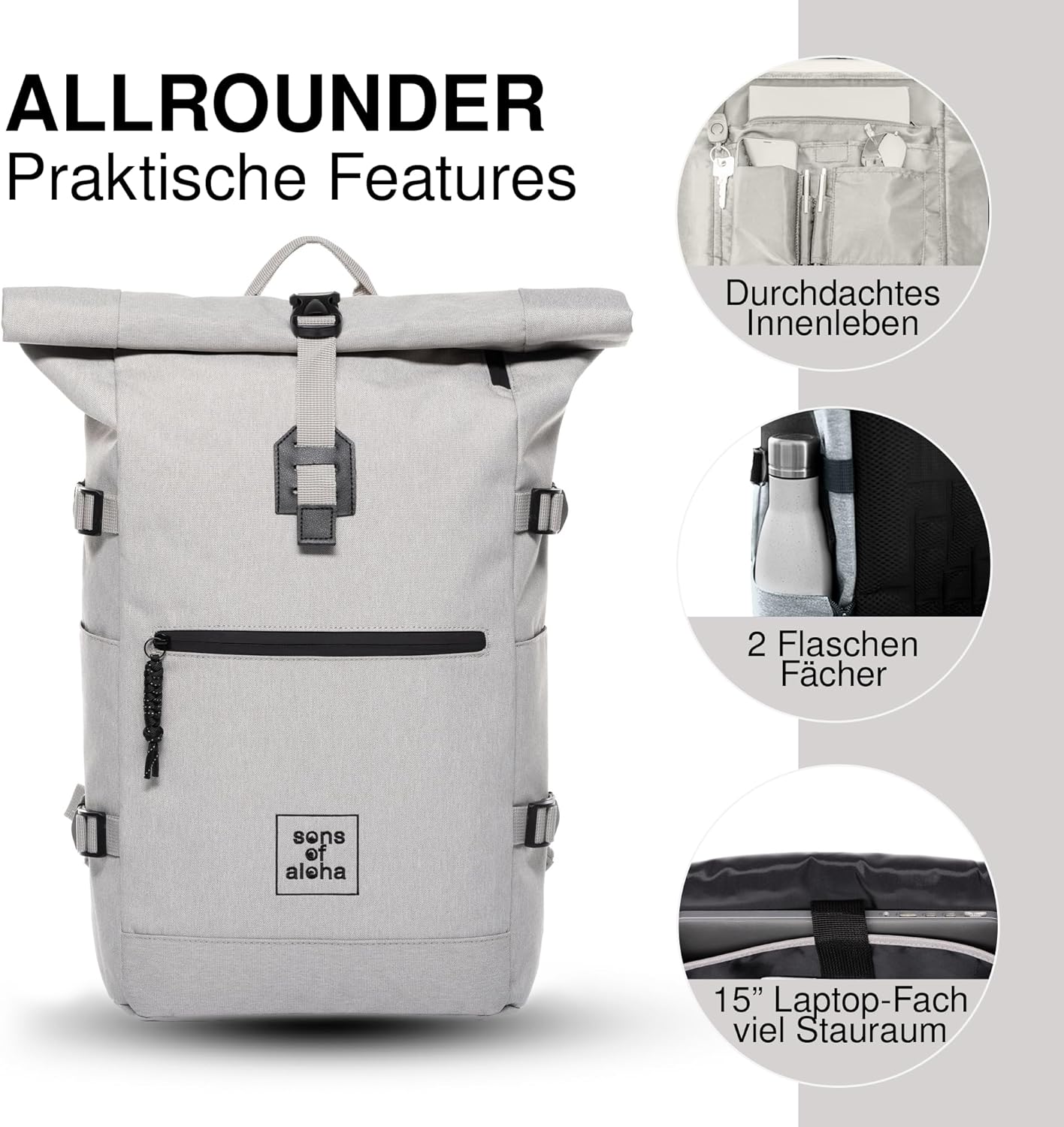 Thumbnail 2 de SONS OF ALOHA KANE Roll-Top Kurierrucksack XL – recyceltes PET, wasserabweisend, Laptopfach 15 Zoll