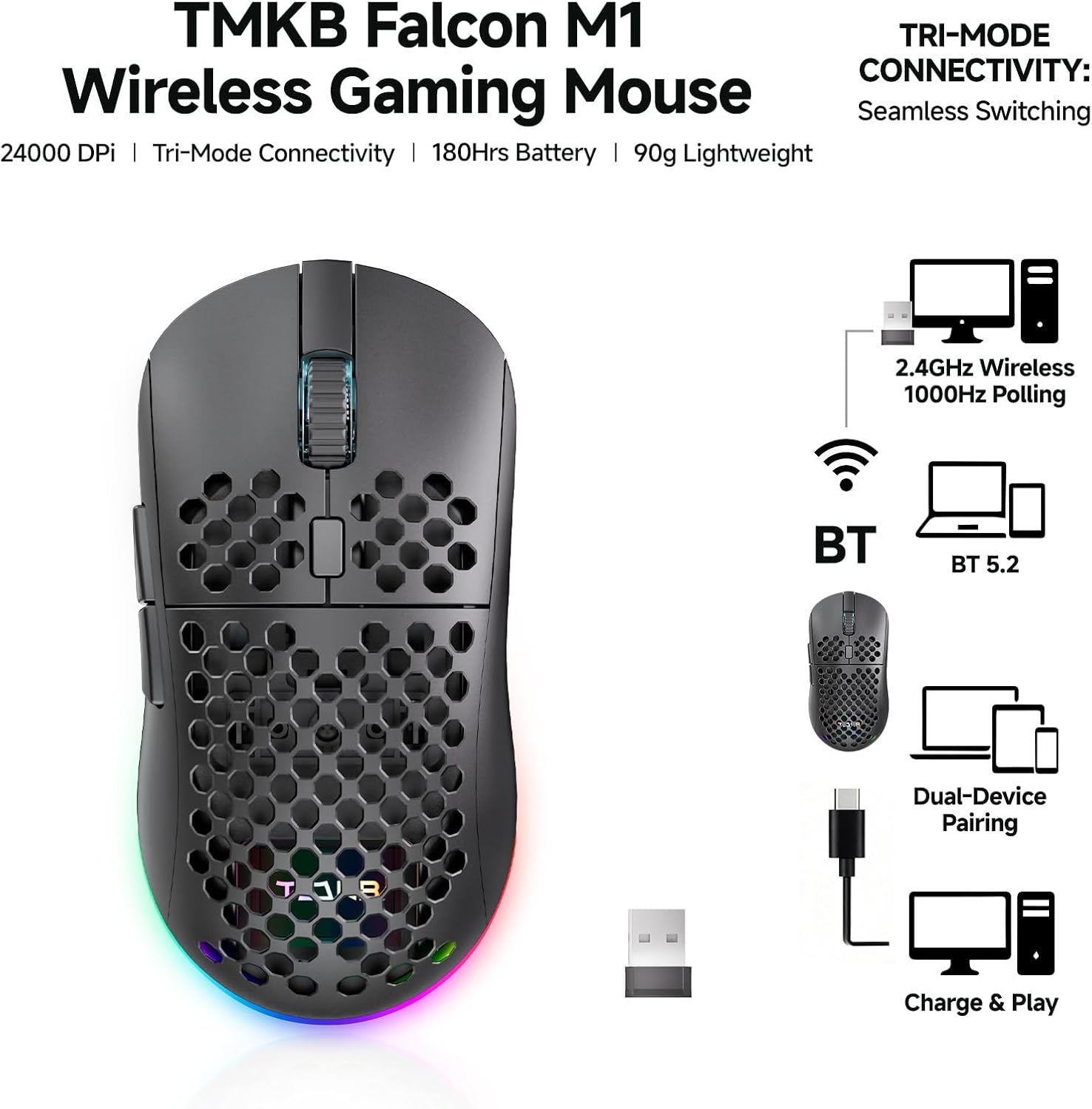 Detalle 2 de TMKB Wireless Gaming Mouse, 24,000 DPI, Tri-Mode Connectivity, 180-Hour Battery