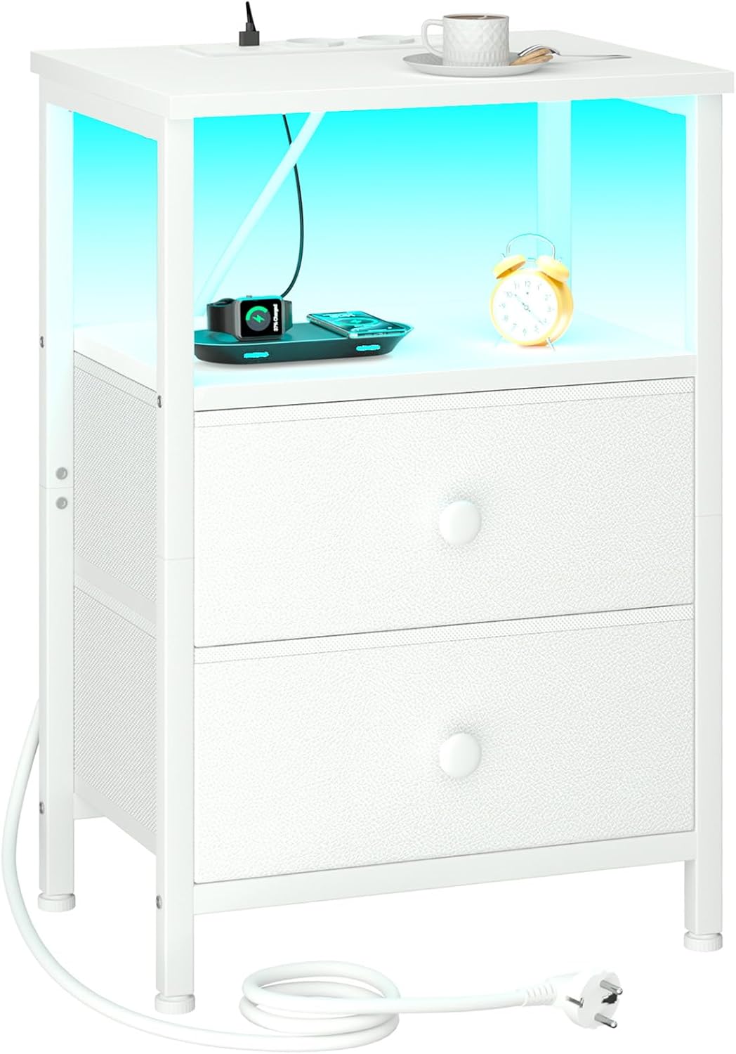 Detalle de AMHANCIBLE HETS02WT-1 LED-nachtkastje met RGB-leds, stopcontacten en stoffen laden