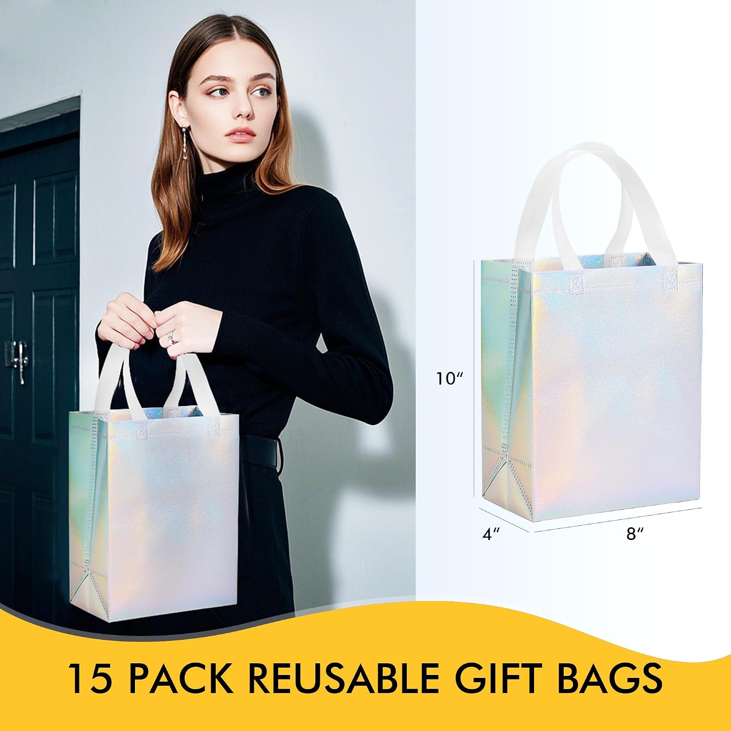 Thumbnail 1 de RACETOP 15-Piece Iridescent Glossy Gift Bags, Medium (8x4x10) with Handles – Reusable Holographic Party Essentials