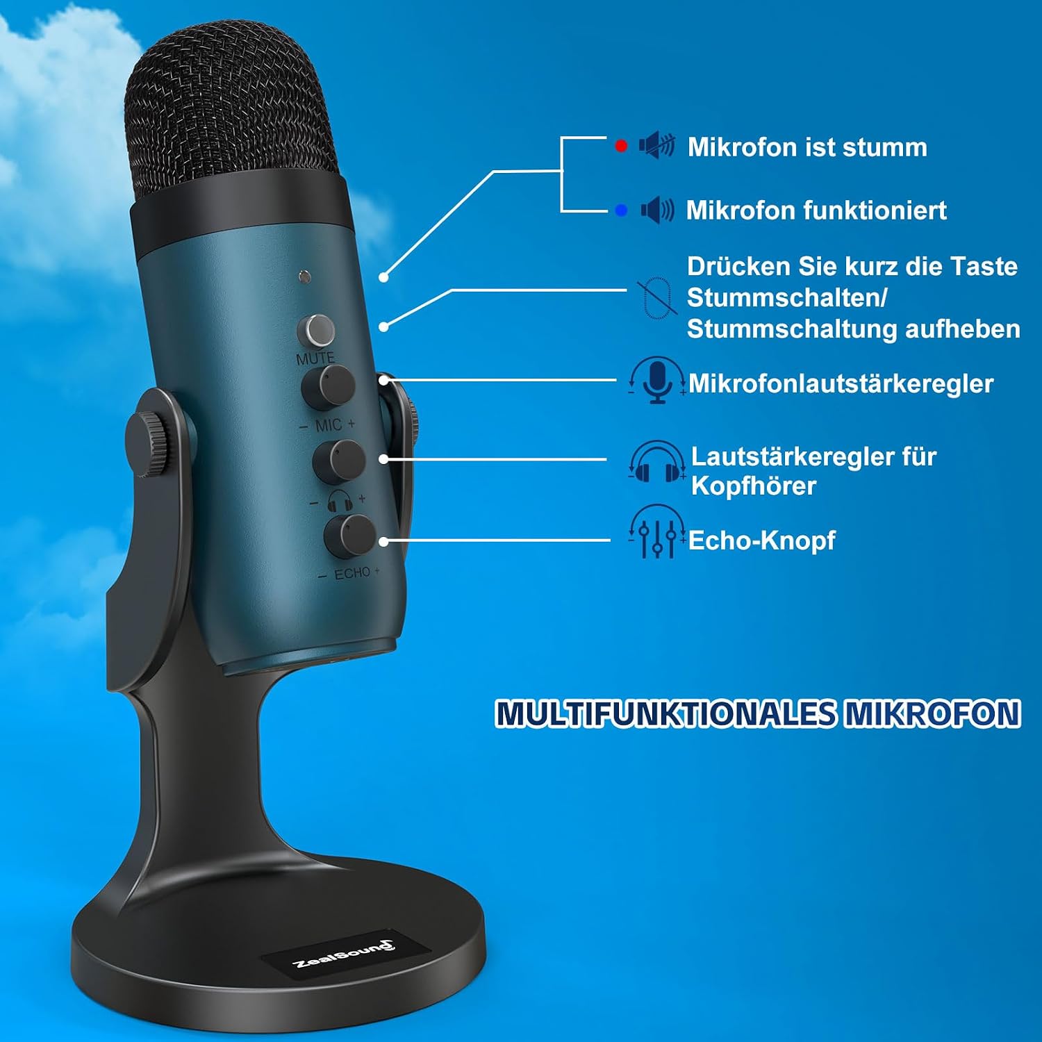 Detalle de ZealSound K66 USB Kondensator-Mikrofon – Plug & Play für PC, Laptop, Handy inkl. Rauschunterdrückung, Mute, Gain & Echo