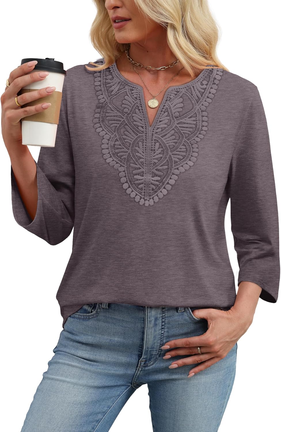 Detalle de WIHOLL 3/4 Sleeve Boho V‑Neck Top S-3XL