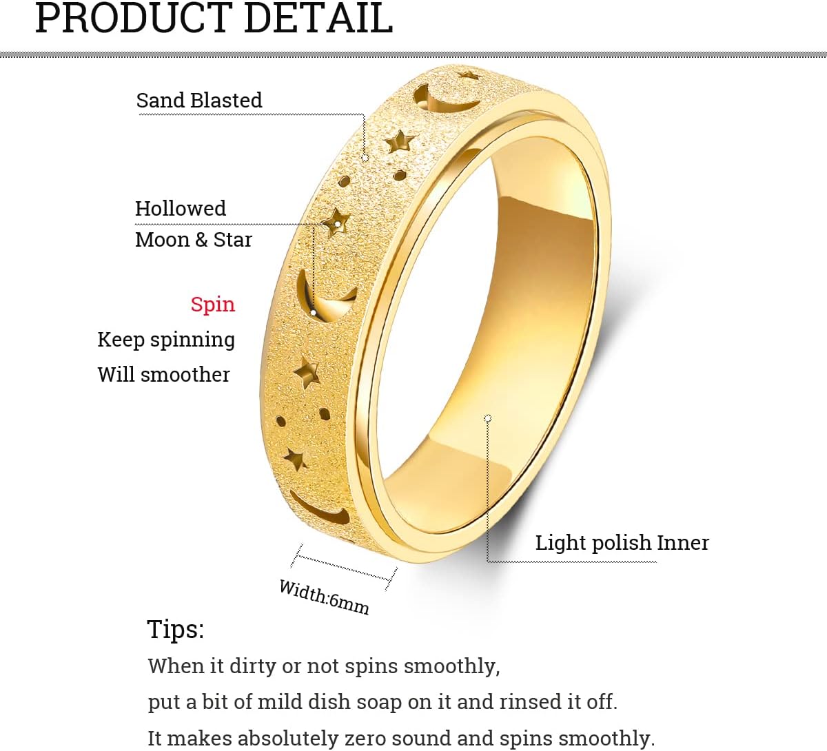 Detalle de OreilleStar Anxiety Ring Spinner Fidget Thumb Ring – Moon & Star, Gold Stainless Steel