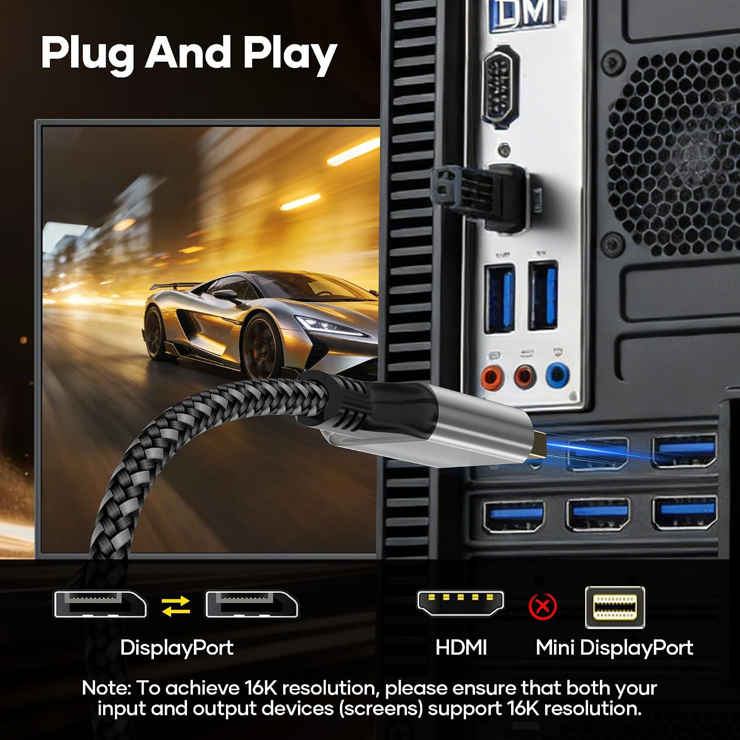Detalle de 16K DisplayPort 2.1 Cable (1m) – 80Gbps, HDR, DSC 1.2a, HDCP 2.2