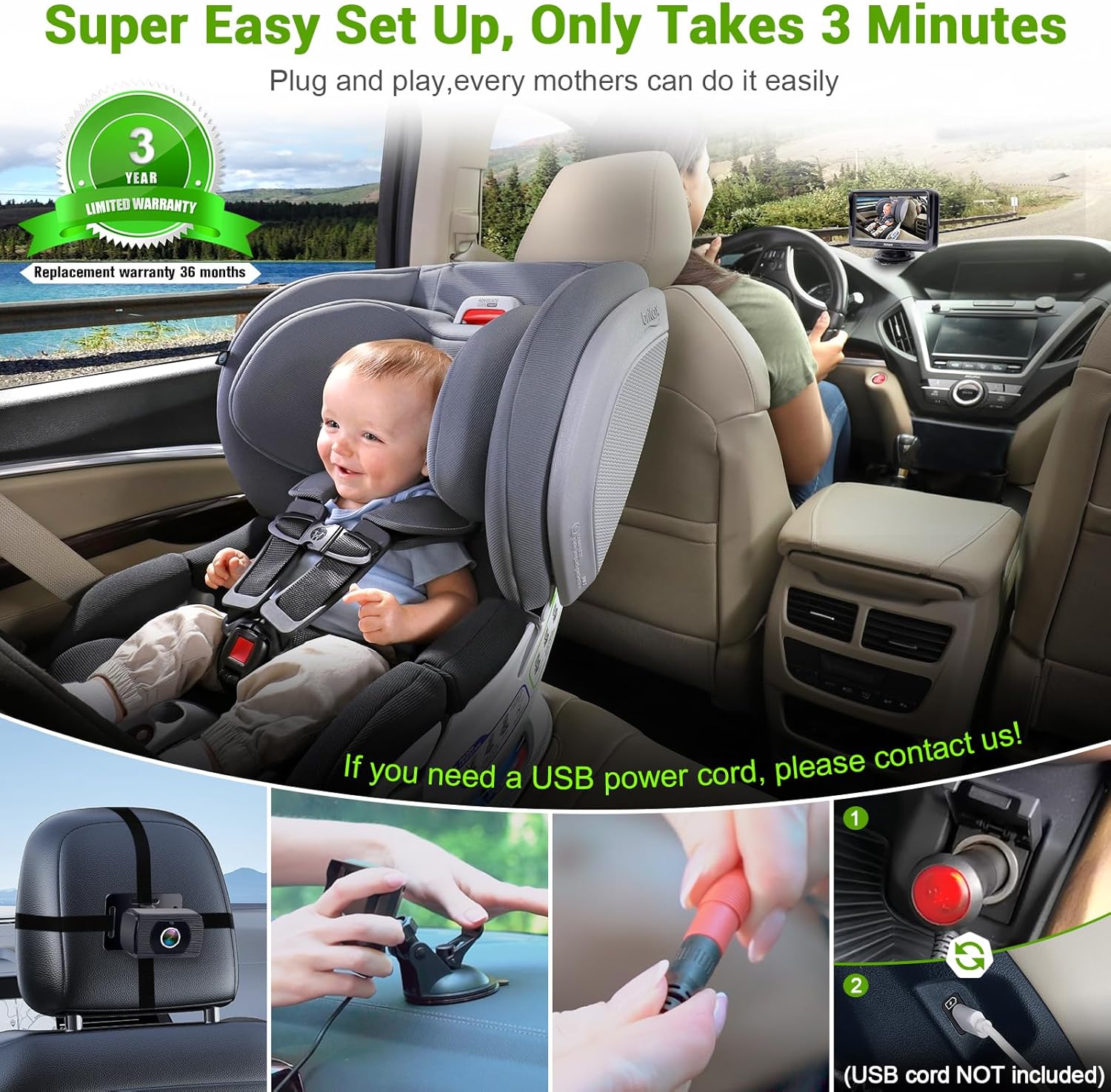 Thumbnail 2 de Rohent N06 Baby Car Camera HD 1080P with 4.3-inch mirror-style screen and night vision