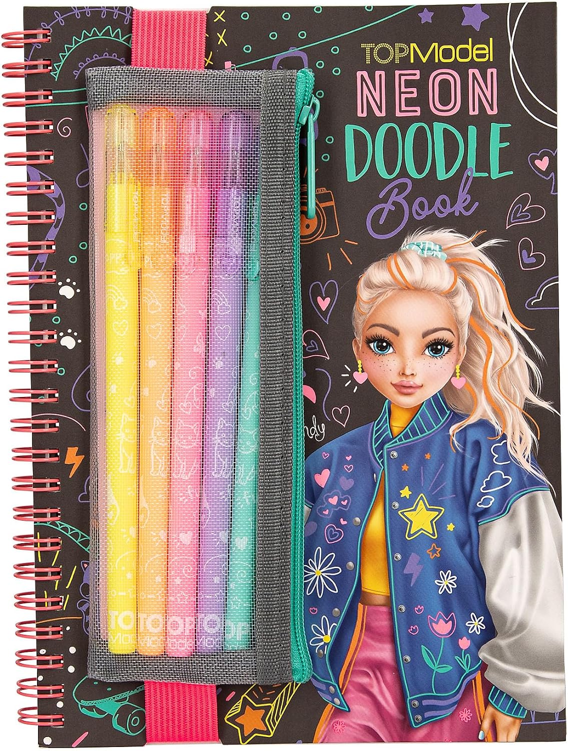 Depesche 13217 TOPModel Neon Doodle – Set de coloriage noir & blanc avec 70 pages, 5 crayons gel néon et autocollants