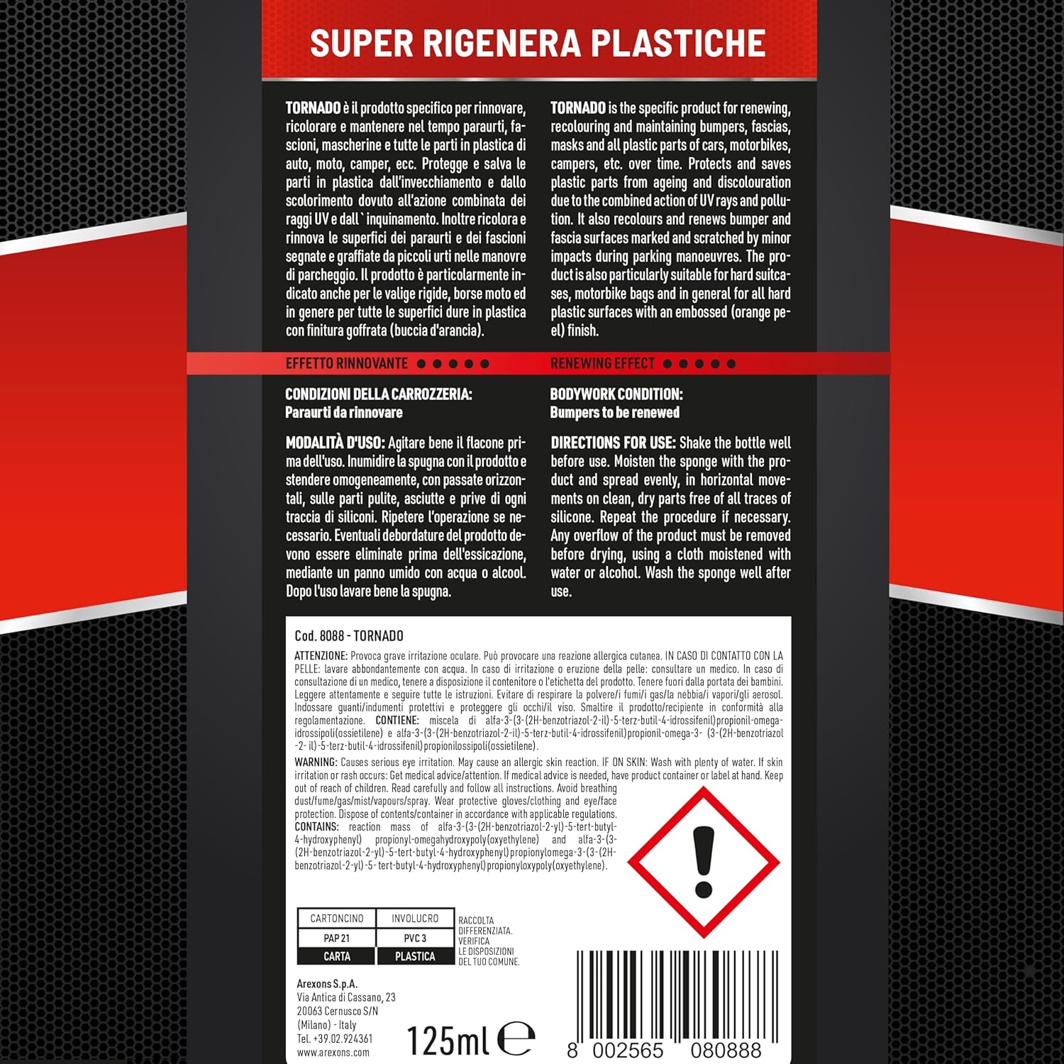 Detalle 2 de Arexons Car Care Pro Tornado – Super Rigenera Plastiche, 125 ml
