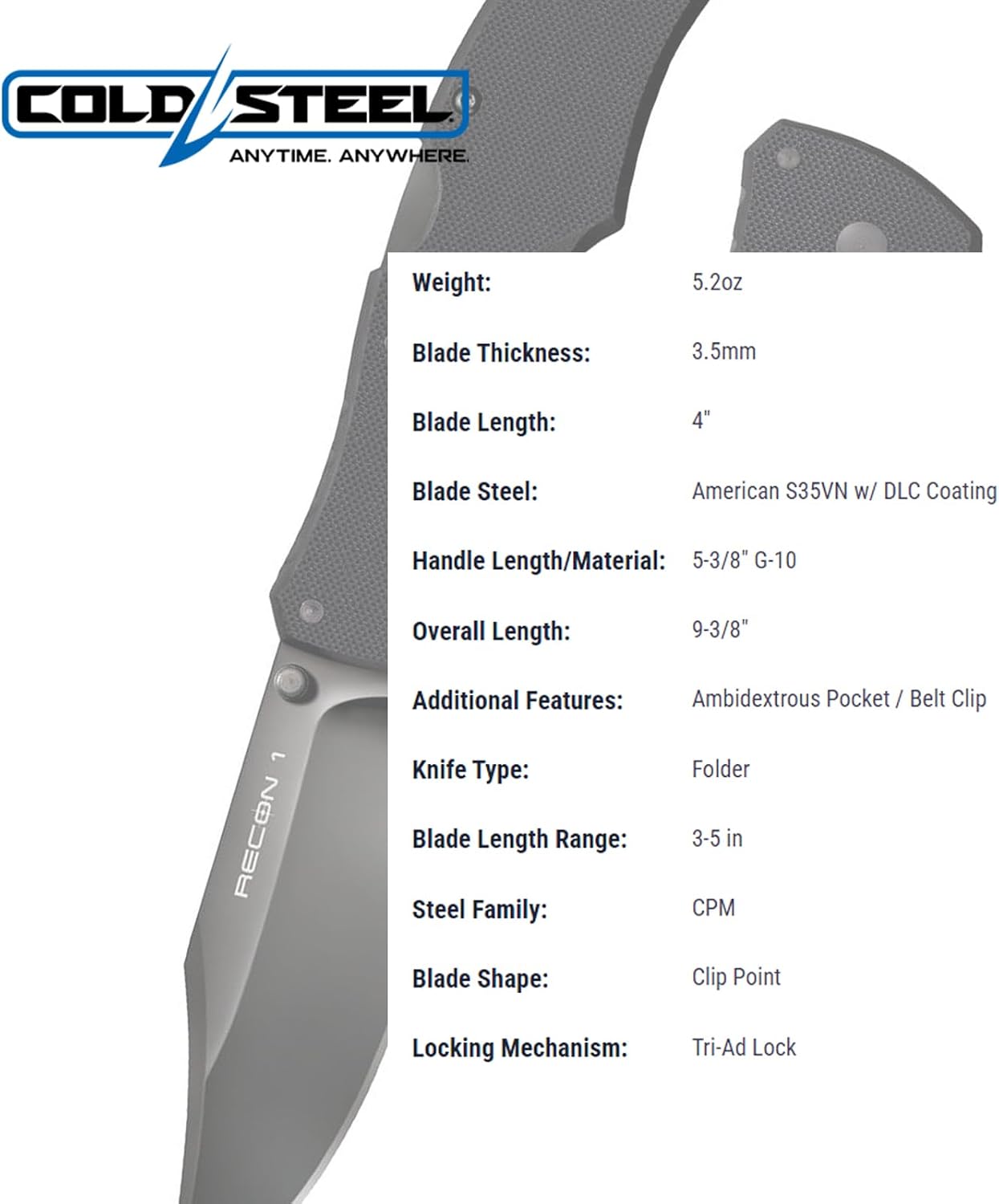 Detalle 2 de Cold Steel Recon 1 4" Folding Knife, S35VN Blade, G-10 Handle, Tri-Ad Lock