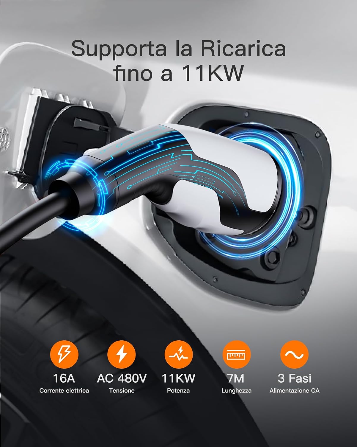 Thumbnail 1 de Tomons Cavo di Ricarica Rapida Tipo 2 a Tipo 2, 11 kW – 5 m, IP55, TPU ignifugo, compatibile con veicoli Type 2 e CCS2