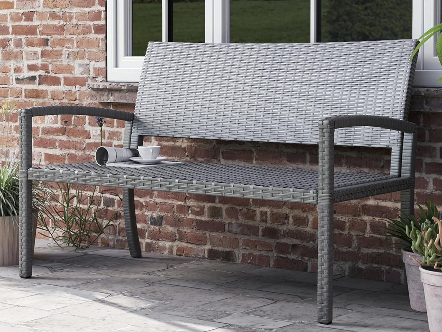 UDPATIO Gartenbank wetterfest aus Polyrattan mit Rückenlehne & Armlehnen – Rattan-Sitzbank Outdoor bis 320 kg, Grau
