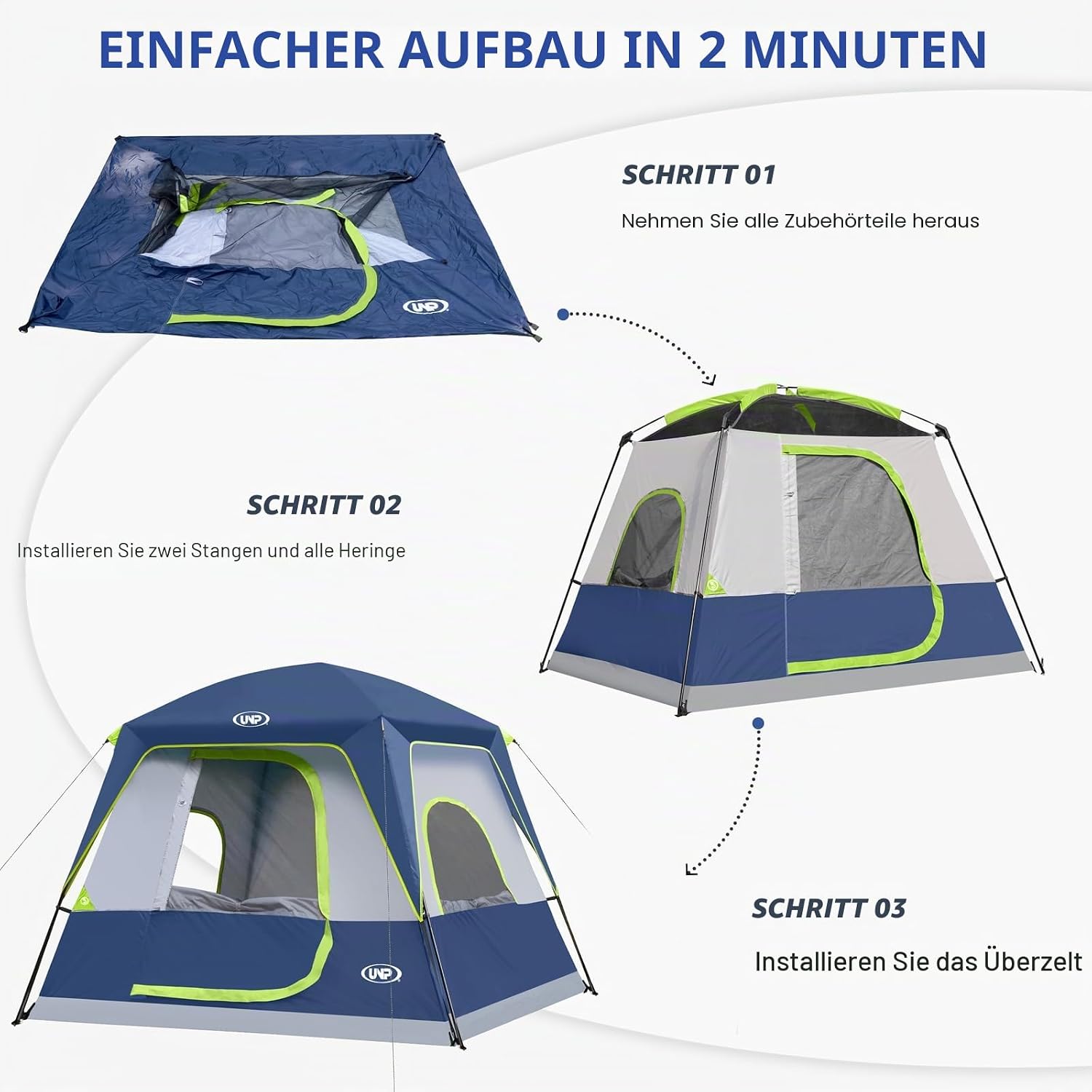 Detalle de UNP Campingzelt für 4–8 Personen – Einfacher Aufbau, wasserfest mit Regendach, Stehhöhe