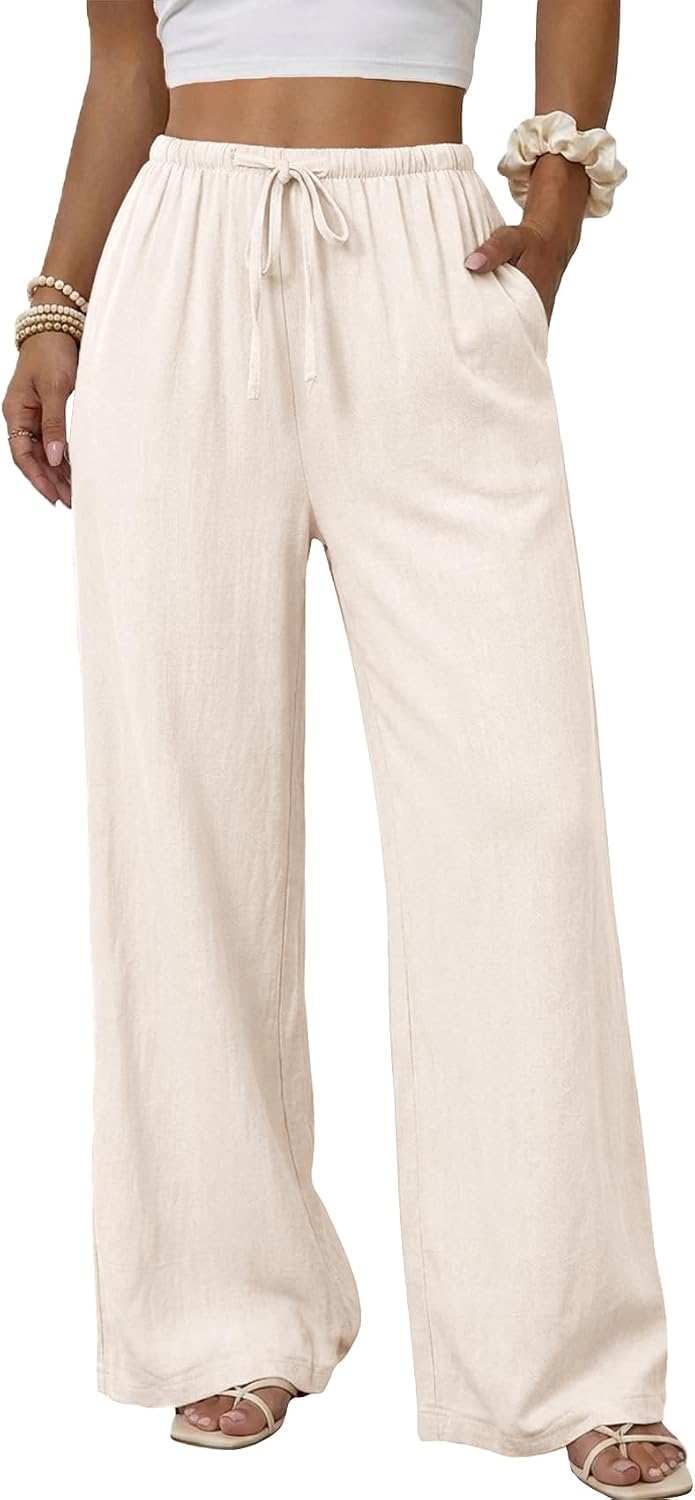 Detalle de Duyang Women’s Cotton Linen Palazzo Pants with Drawstring Waist and Pockets