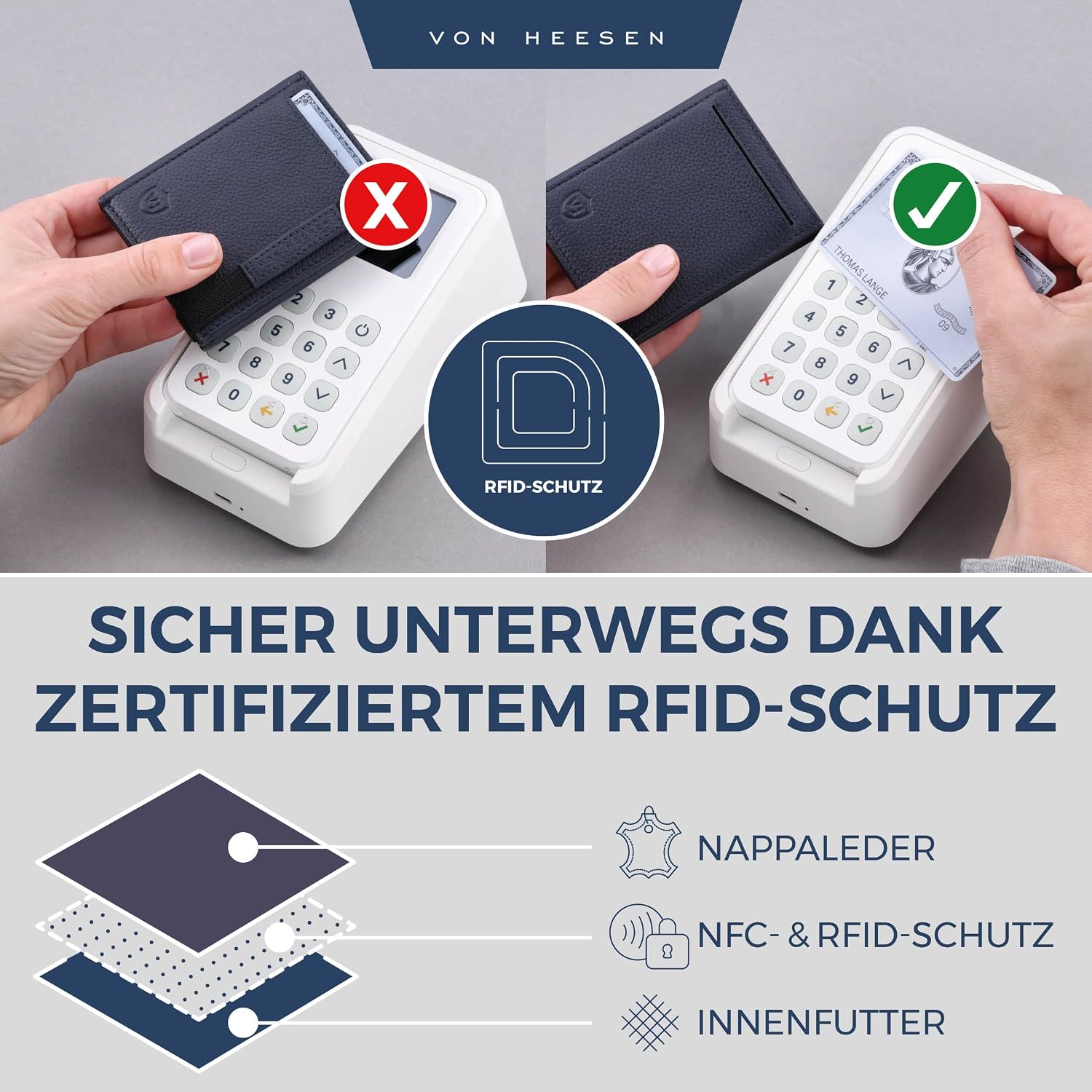 Thumbnail 2 de VON HEESEN Slim Wallet mit XL-Münzfach & RFID-Schutz – blaue Leder-Geldbörse für Karten