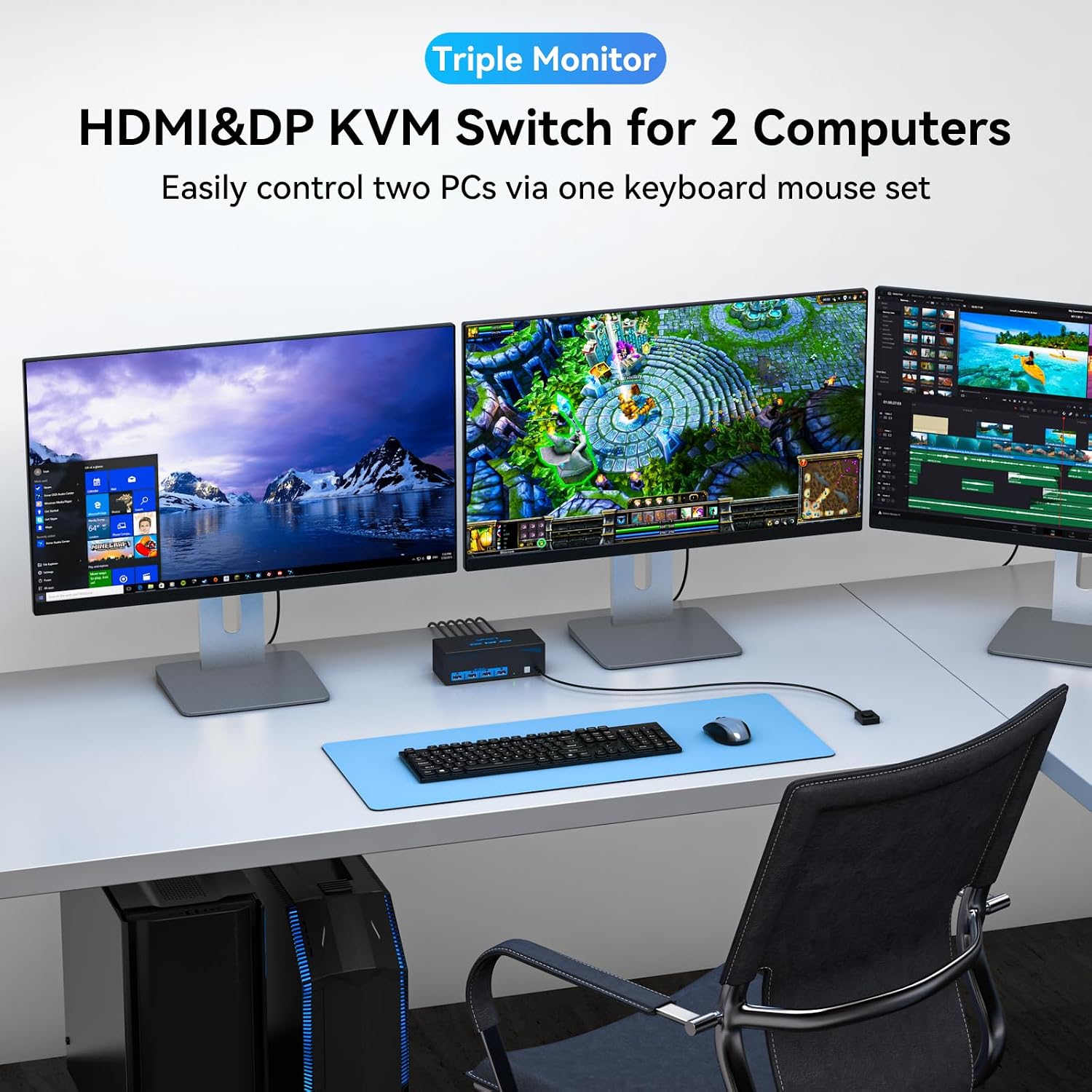 Detalle de VPFET SW232-Deep Blue Triple-Monitor KVM Switch, 8K@60Hz, 4K@120Hz, USB 3.0