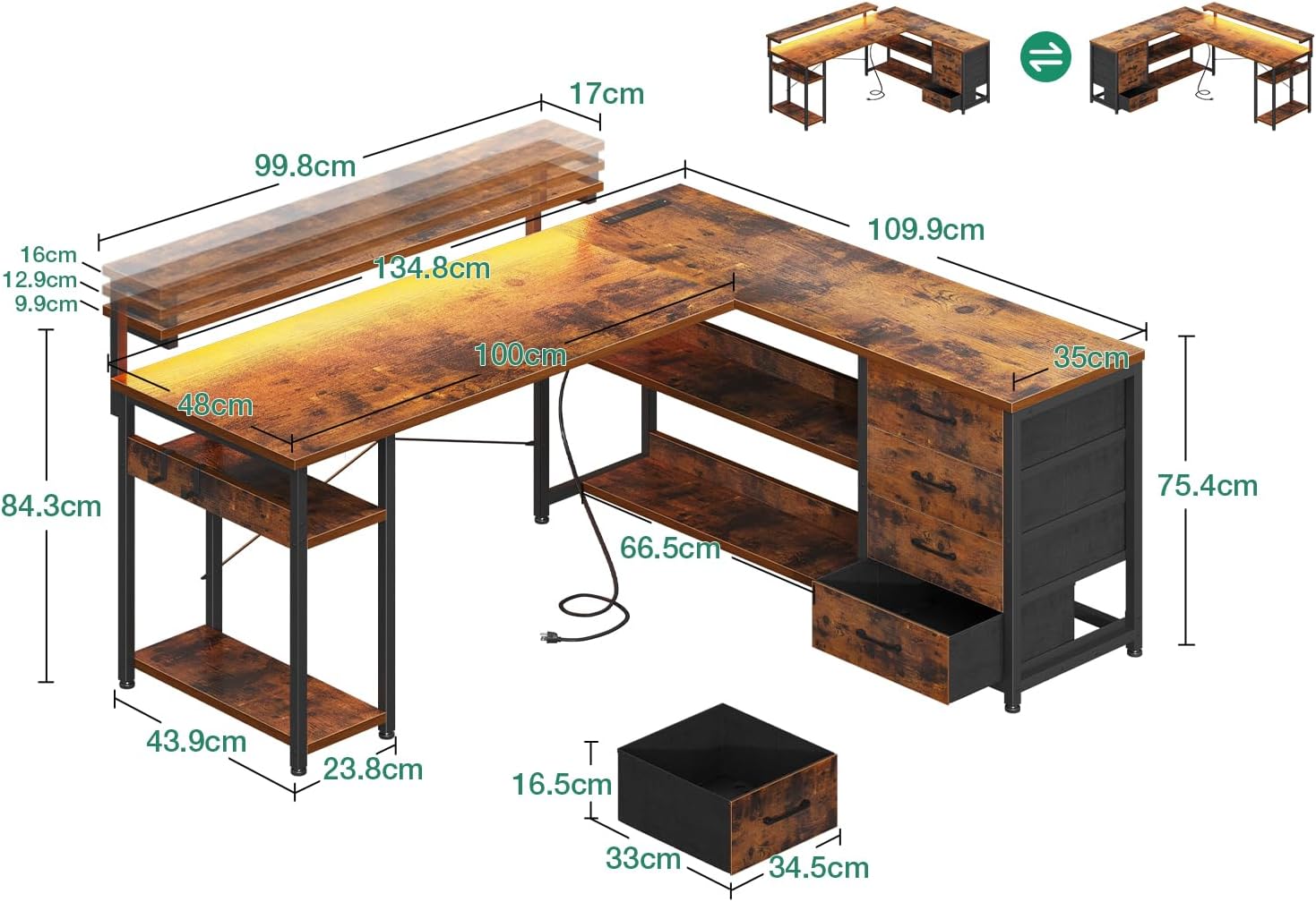 Thumbnail 2 de ODK Bureau d'angle réversible avec tiroirs 135x110 cm – Brun vintage, USB, LED et rangement