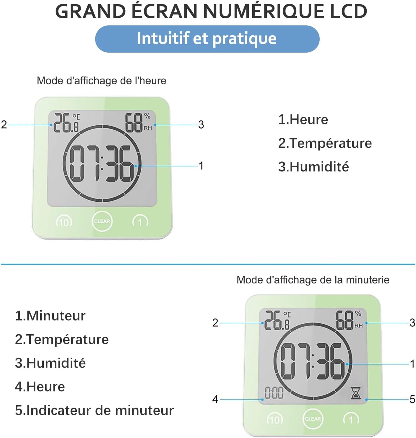 Thumbnail 2 de Horloge de salle de bain VORRINC étanche à contrôle tactile (LCD) avec thermomètre/hygromètre et minuteur