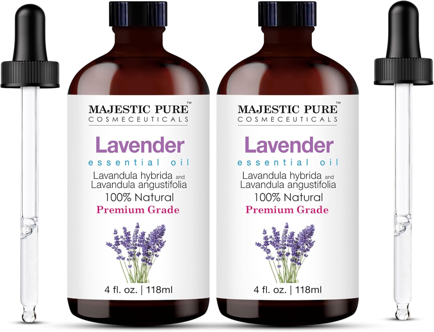 Detalle de Majestic Pure Lavender Essential Oil with Glass Dropper – 8 Fl Oz (2 x 4 Fl Oz) 100% Pure Lavender Oil