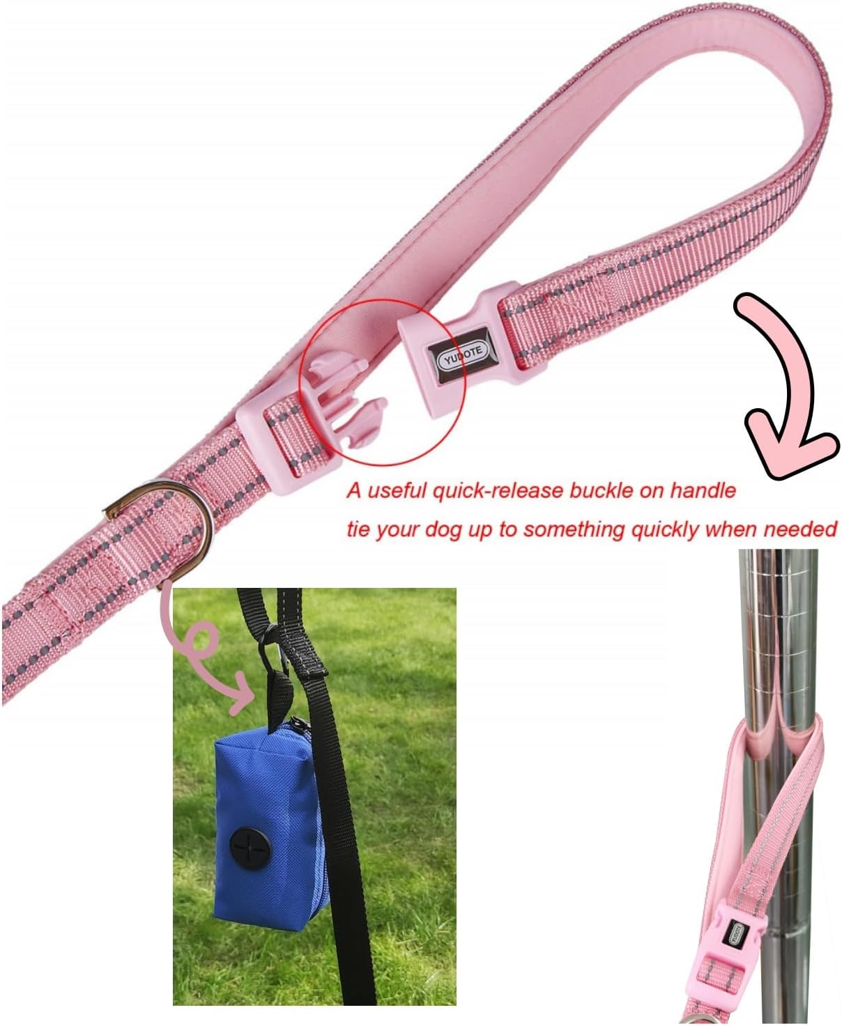 Thumbnail 1 de YUDOTE Reflective Strong Nylon Dog Lead with Padded Neoprene Handle (150cm) – Pink
