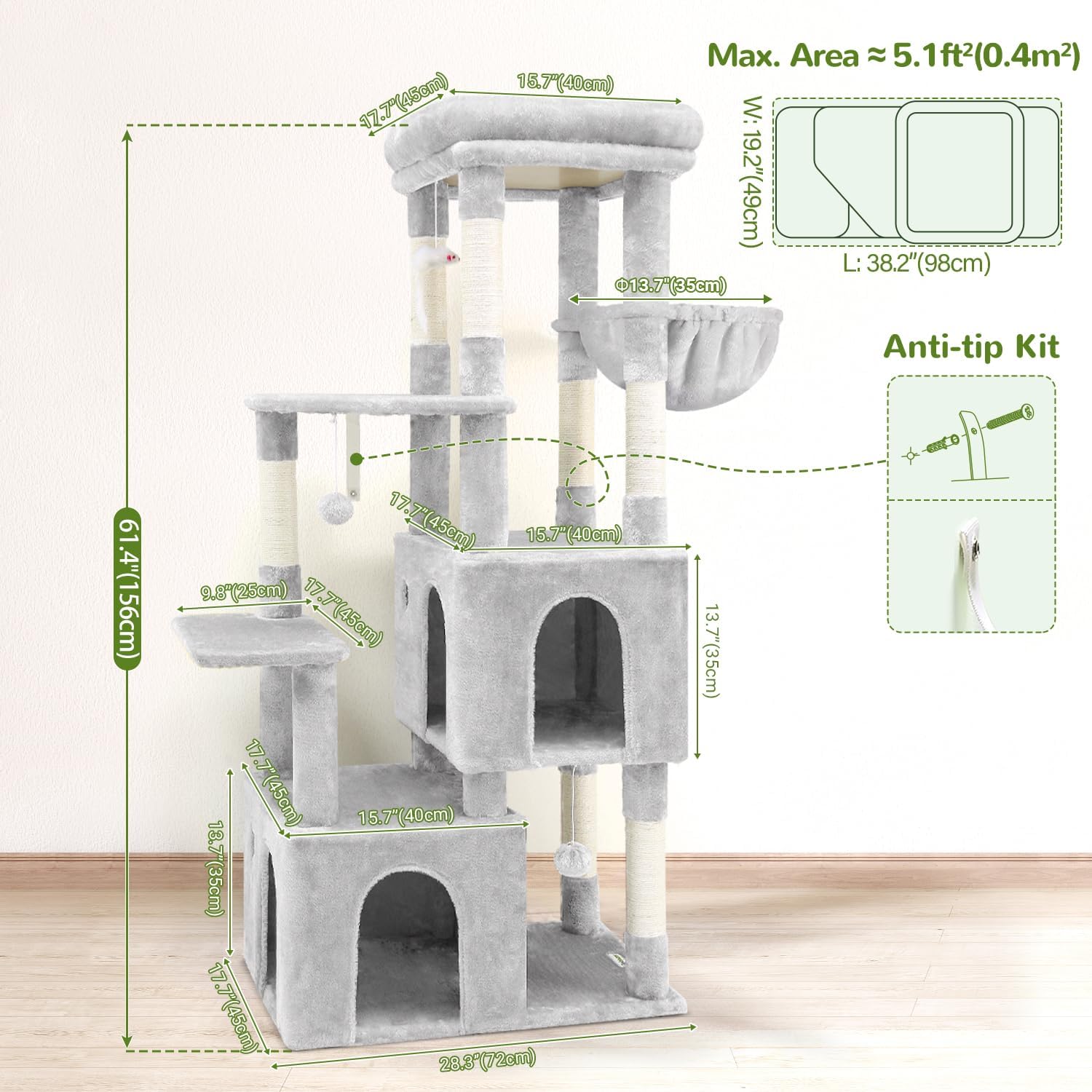 Detalle 2 de Globlazer F61 61-Inch Cat Tree for Large Cats with Sisal Posts and Two Condos