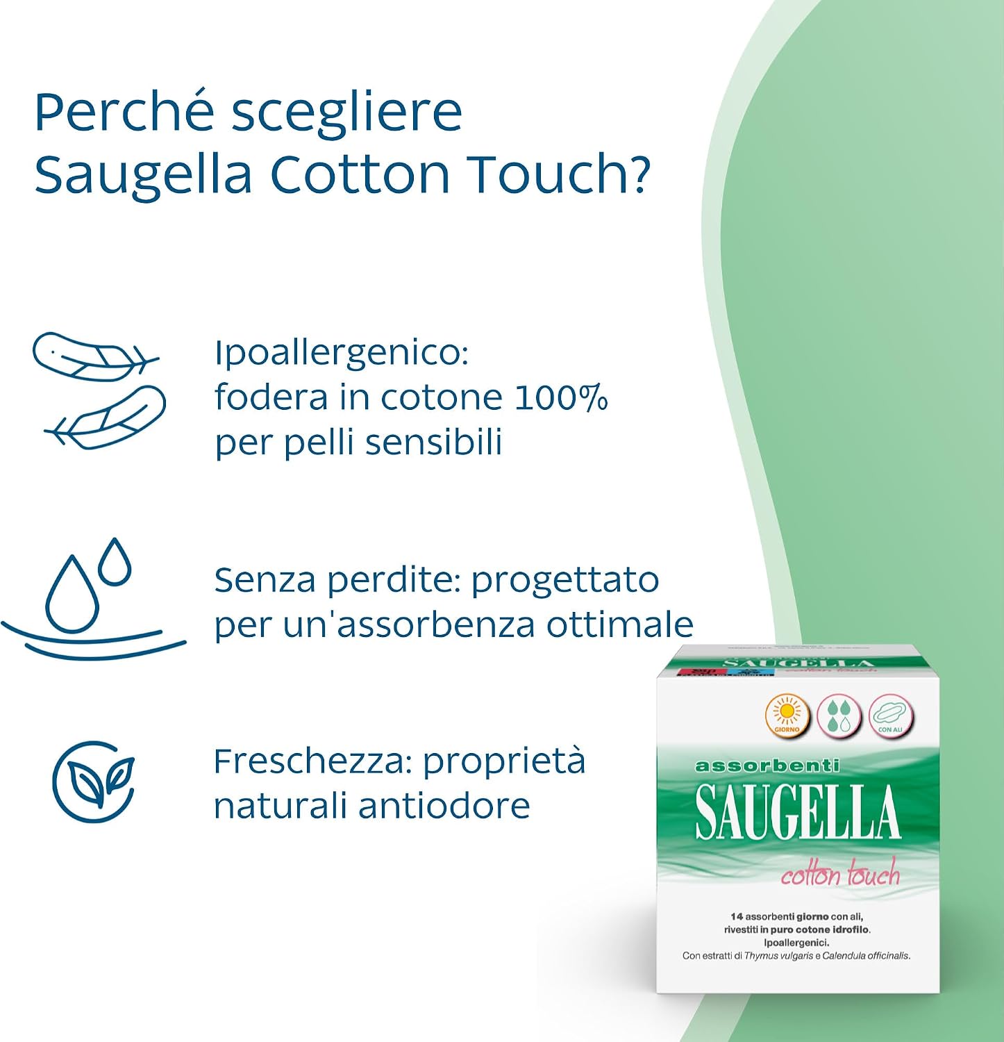 Detalle 2 de Saugella Assorbenti Cotton Touch Giorno & Notte con ali (42 assorbenti) – protezione antimicrobica e antiodore