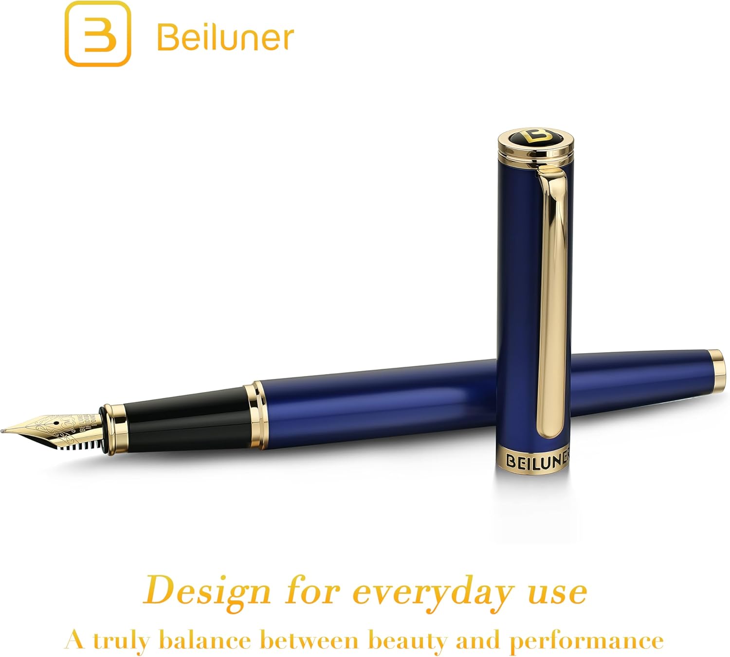 Thumbnail 1 de BEILUNER Penna stilografica di lusso blu e oro con pennino 24K (medio) e convertitore