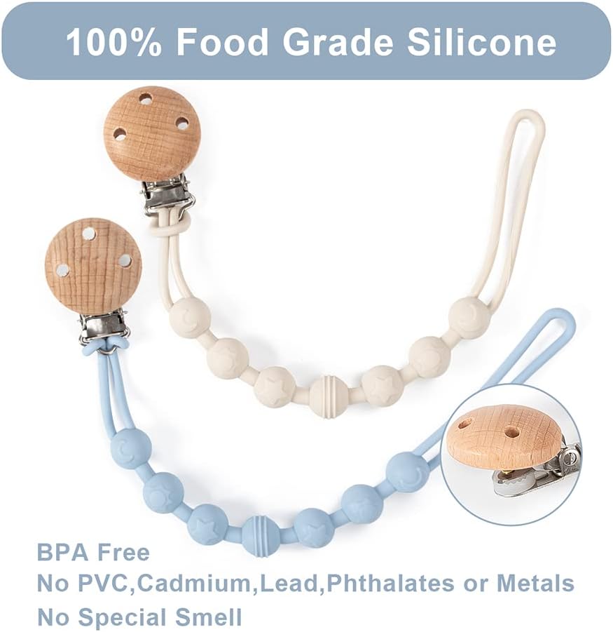 Thumbnail 3 de Dummy Clip, 2 Pack Silicone Pacifier Clips with Wooden Design (White)