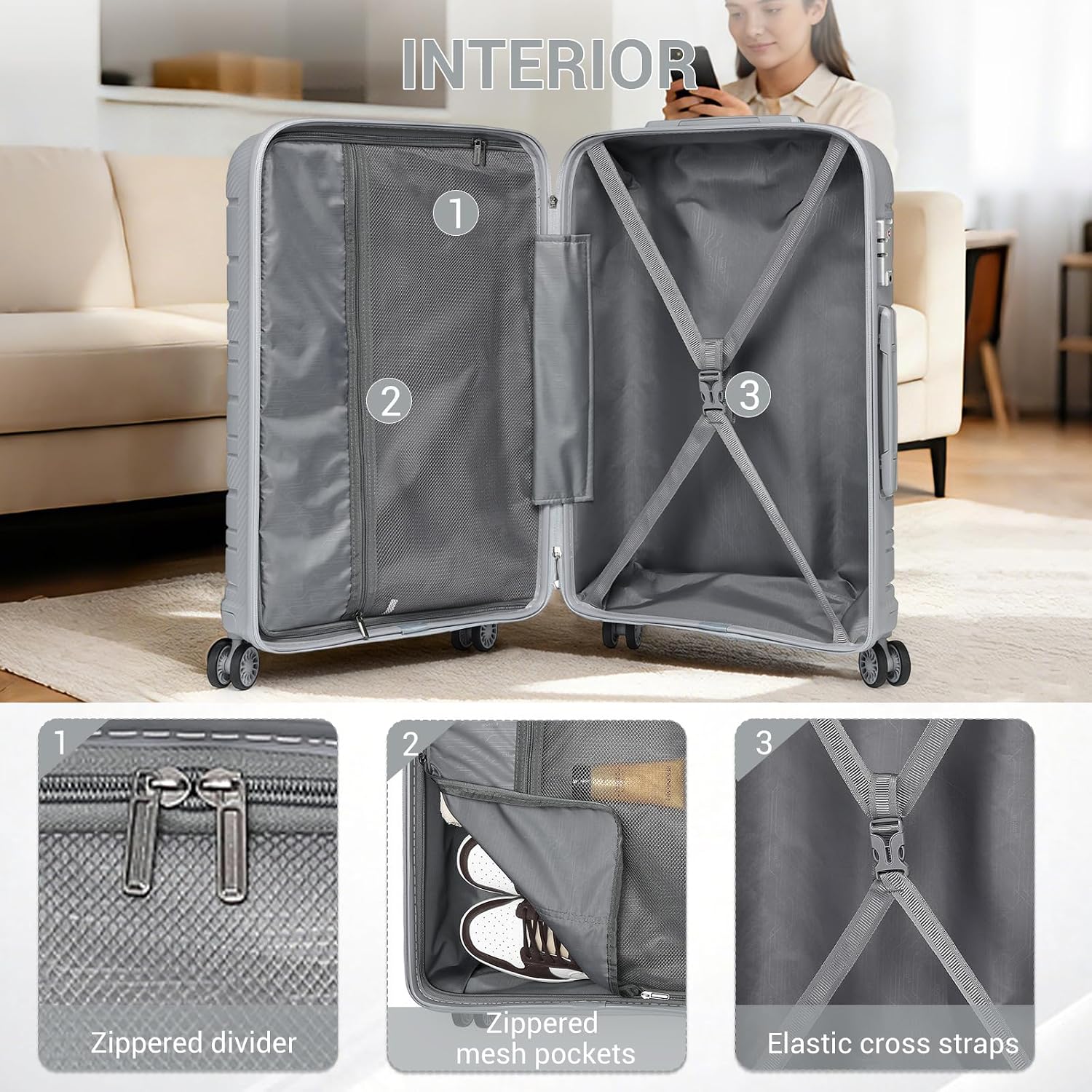 Thumbnail 5 de Kono Valige Media 24" Classic Medium PP Suitcase with TSA Lock and Spinner Wheels