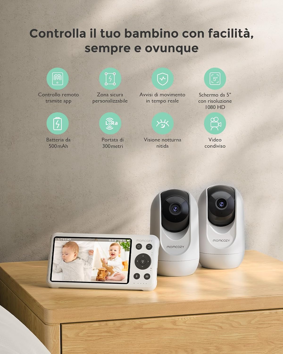 Thumbnail 1 de momcozy BM04: Sistema di monitoraggio con 2 telecamere 1080P, schermo 5" e batteria da 5000 mAh