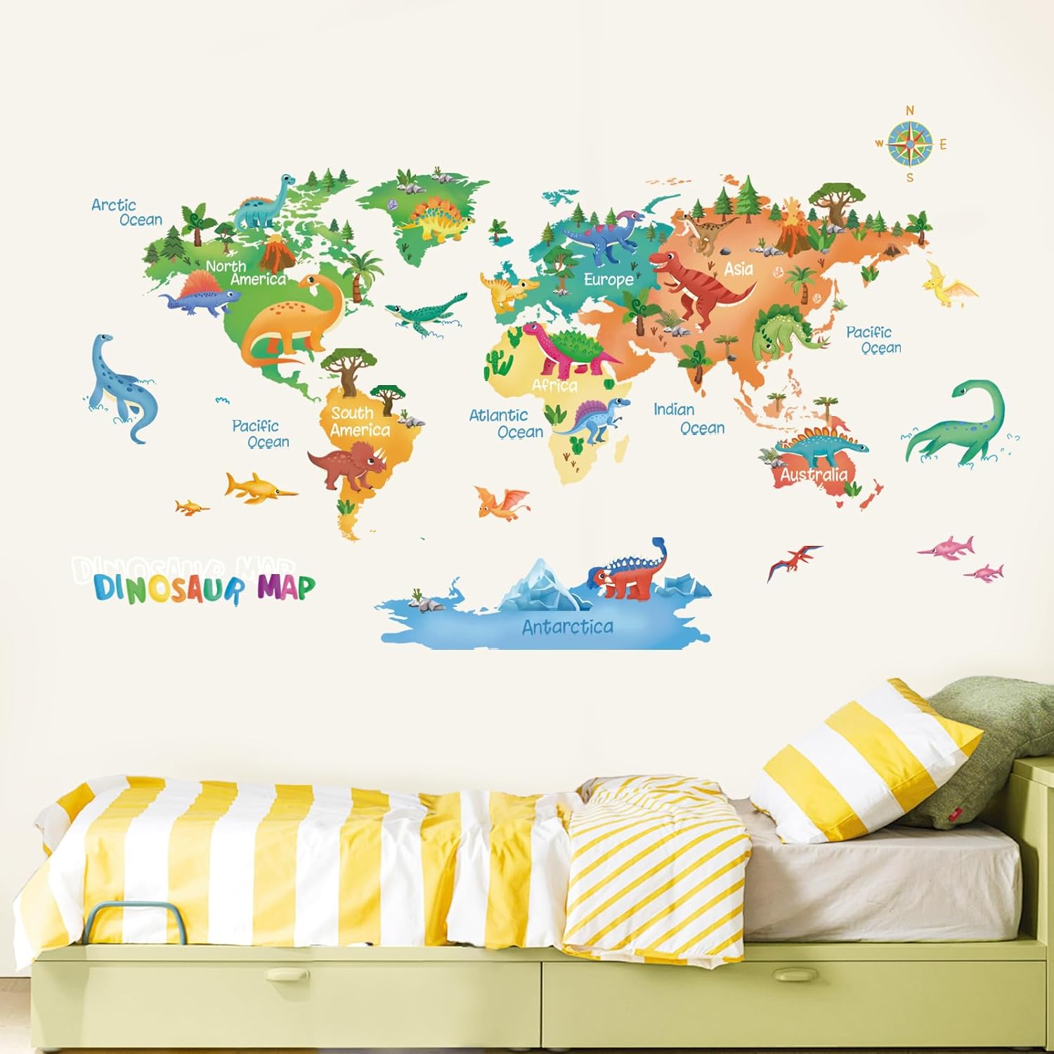 Thumbnail 1 de FUFUQUARE Cute Dinosaurs World Map Wall Sticker – Large Colourful Dino Peel & Stick Vinyl