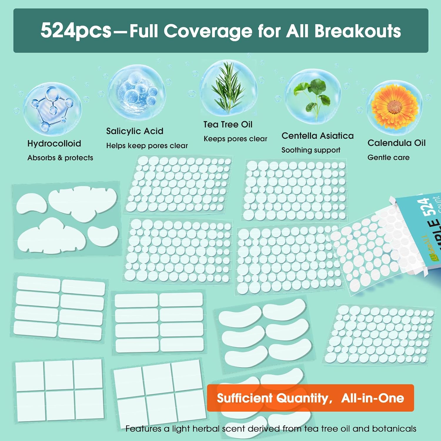Thumbnail 1 de 524 Hydrocolloid-Pickel-Patches – 524 Stück, 5 Formen & 10 Größen, wasserdicht, für Gesicht & Körper