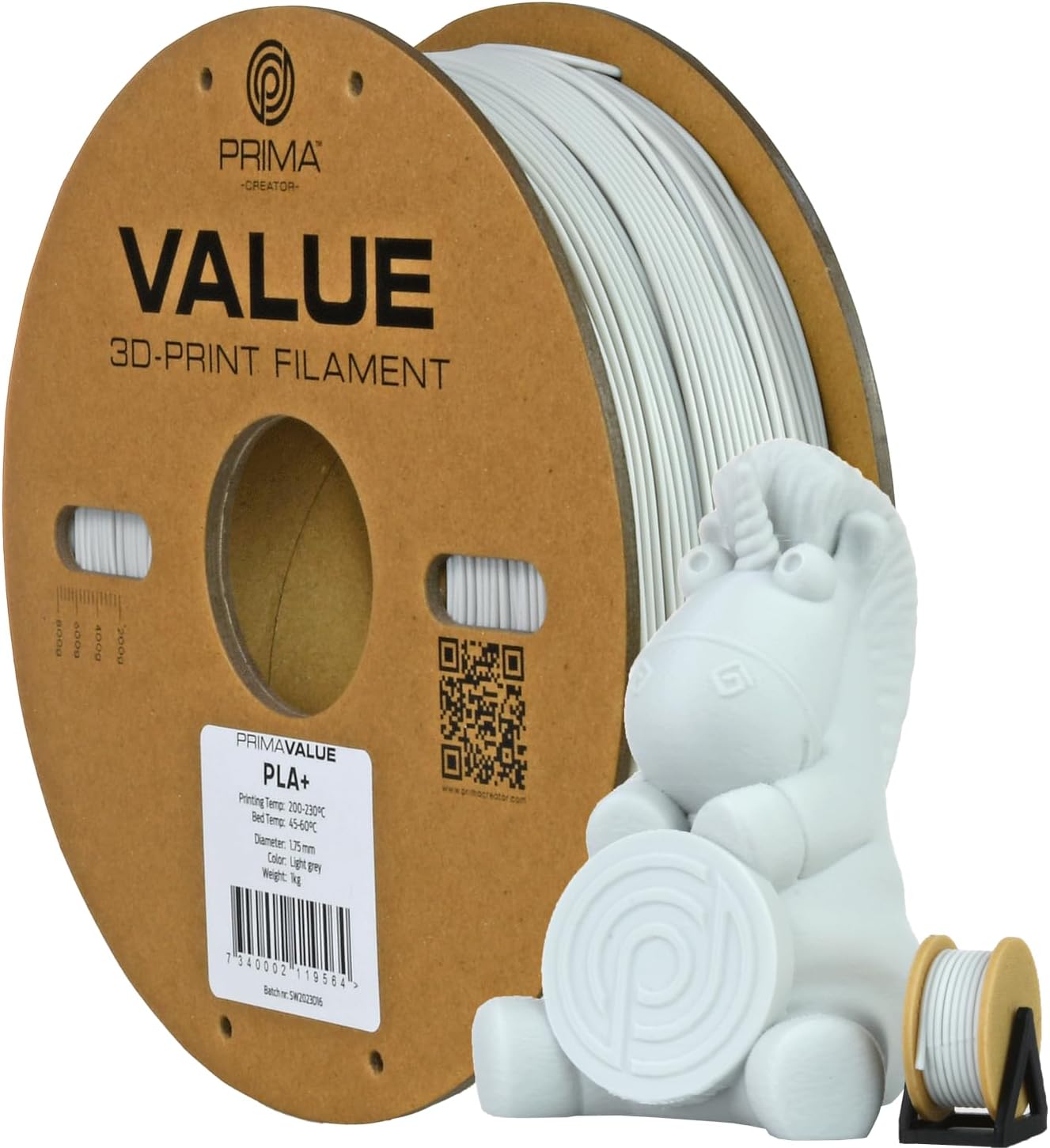 Detalle de PrimaCreator PrimaValue PLA+ 3D-skrivarfilament, ljusgrått, 1,75 mm, 1 kg