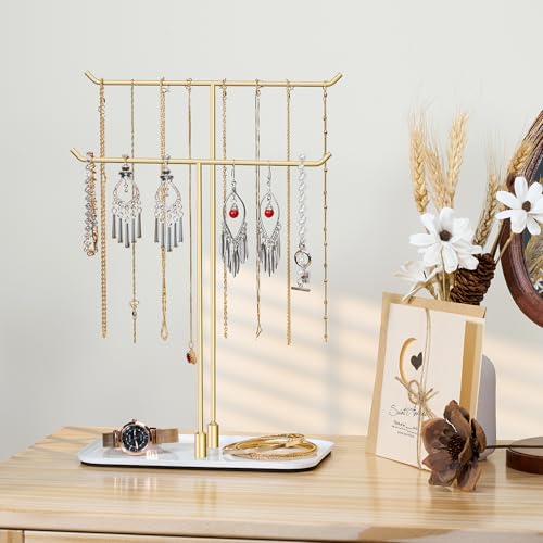 Detalle 2 de Josmimic Soporte para Joyas: bandeja dorada de doble barra para collares, pulseras y anillos