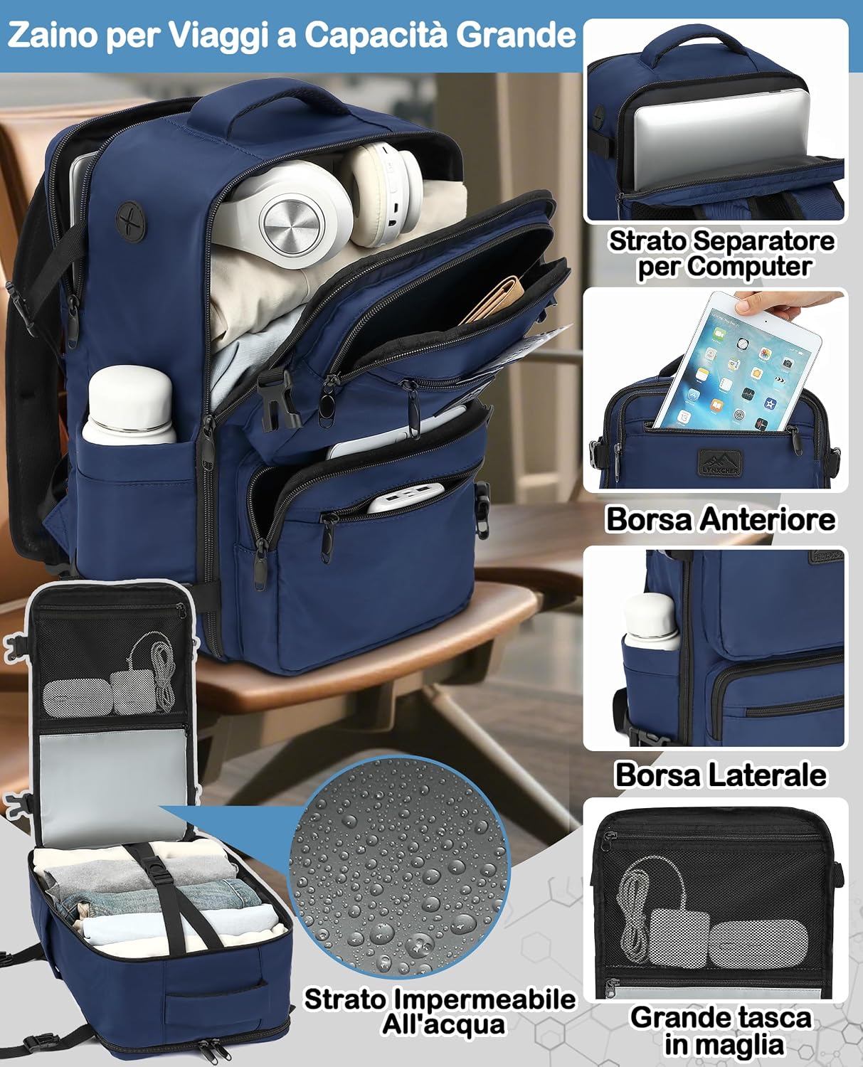 Thumbnail 3 de LYNXCHER Zaino Ryanair 40x30x20: Compagno di viaggio 24L con scomparto laptop 15,6 pollici, Under Seat approvato (Blu Scuro)
