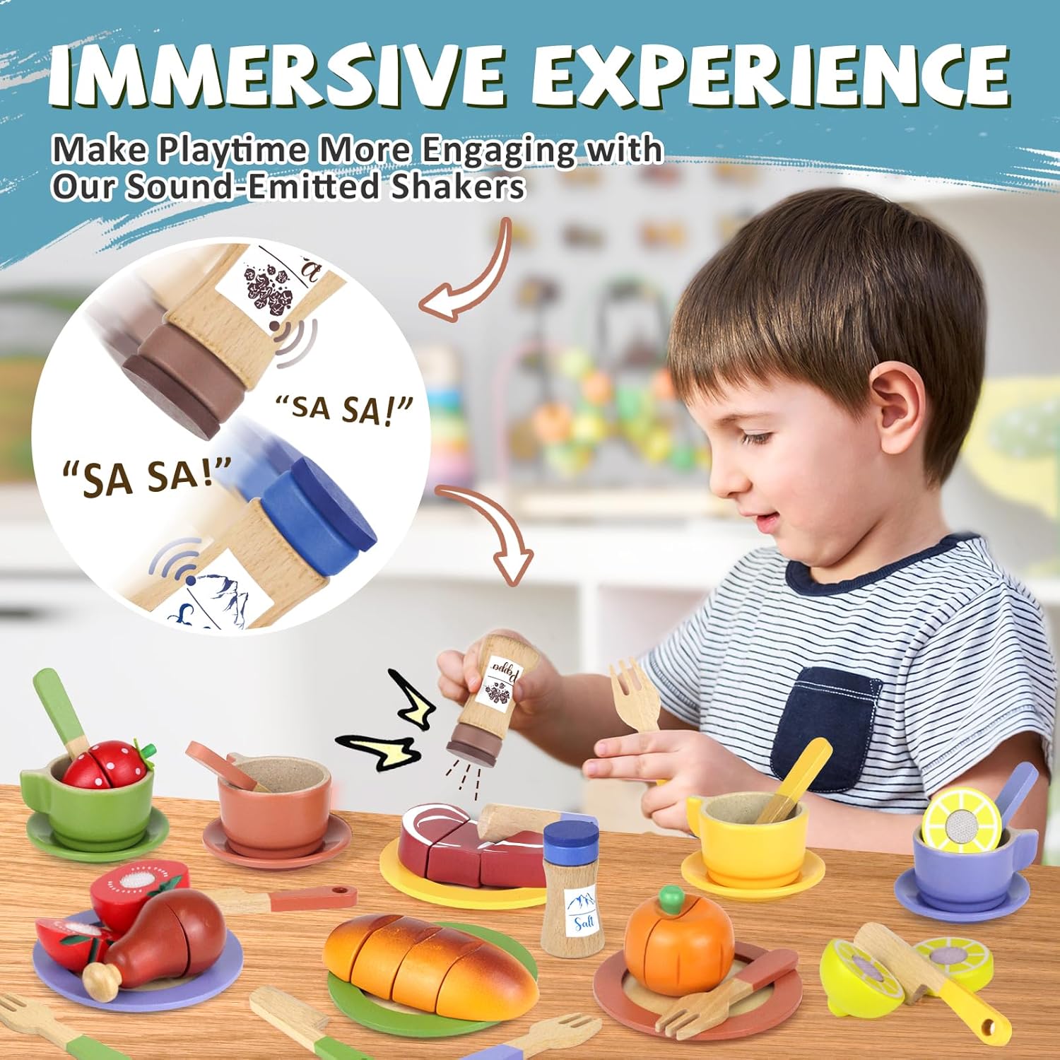 Detalle de Beberolen Wooden Toy Food Set for Kids Kitchen – tea party and pretend cooking dishes, plates and cutlery