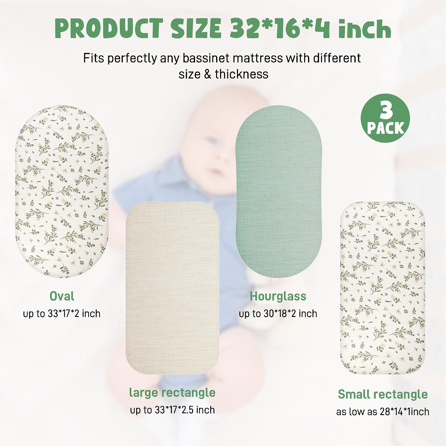 Thumbnail 1 de Huiguli 3 Pack Moses Basket Sheets in 100% Muslin Cotton (83×43 cm) — breathable, elastic fit
