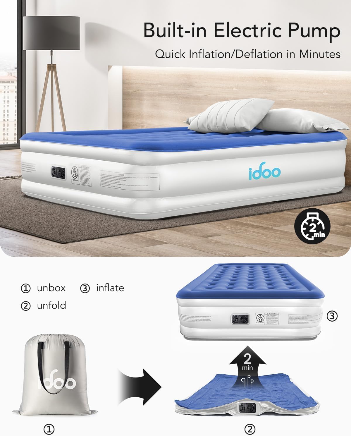 Detalle 2 de iDOO R-M002-BU-1 Queen Air Mattress with Built-In Pump, 46 cm Height