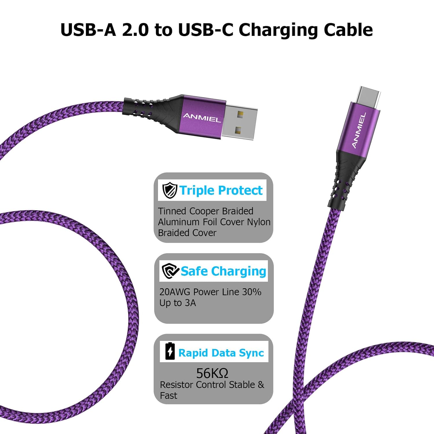 Thumbnail 6 de ANMIEL USB‑C‑Kabel (2er‑Pack, 3 m) mit bis zu 3 A Schnellladung – lila, 10 ft Nylon geflochten