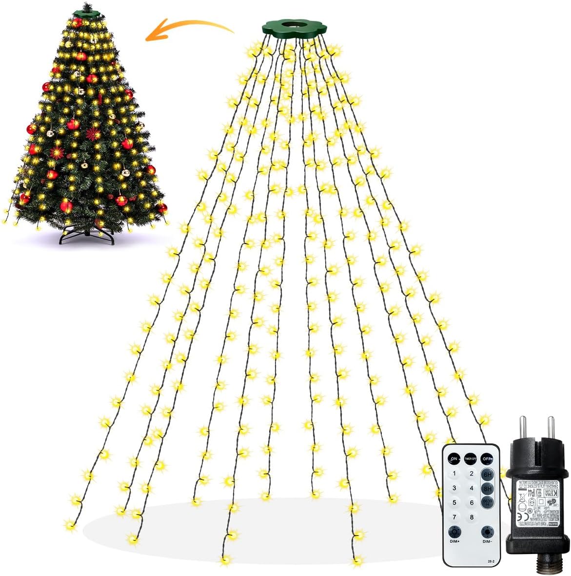 Detalle de ARKOCHIC DRCR100 kerstboomverlichting met 240 warmwitte leds en bevestigingsring