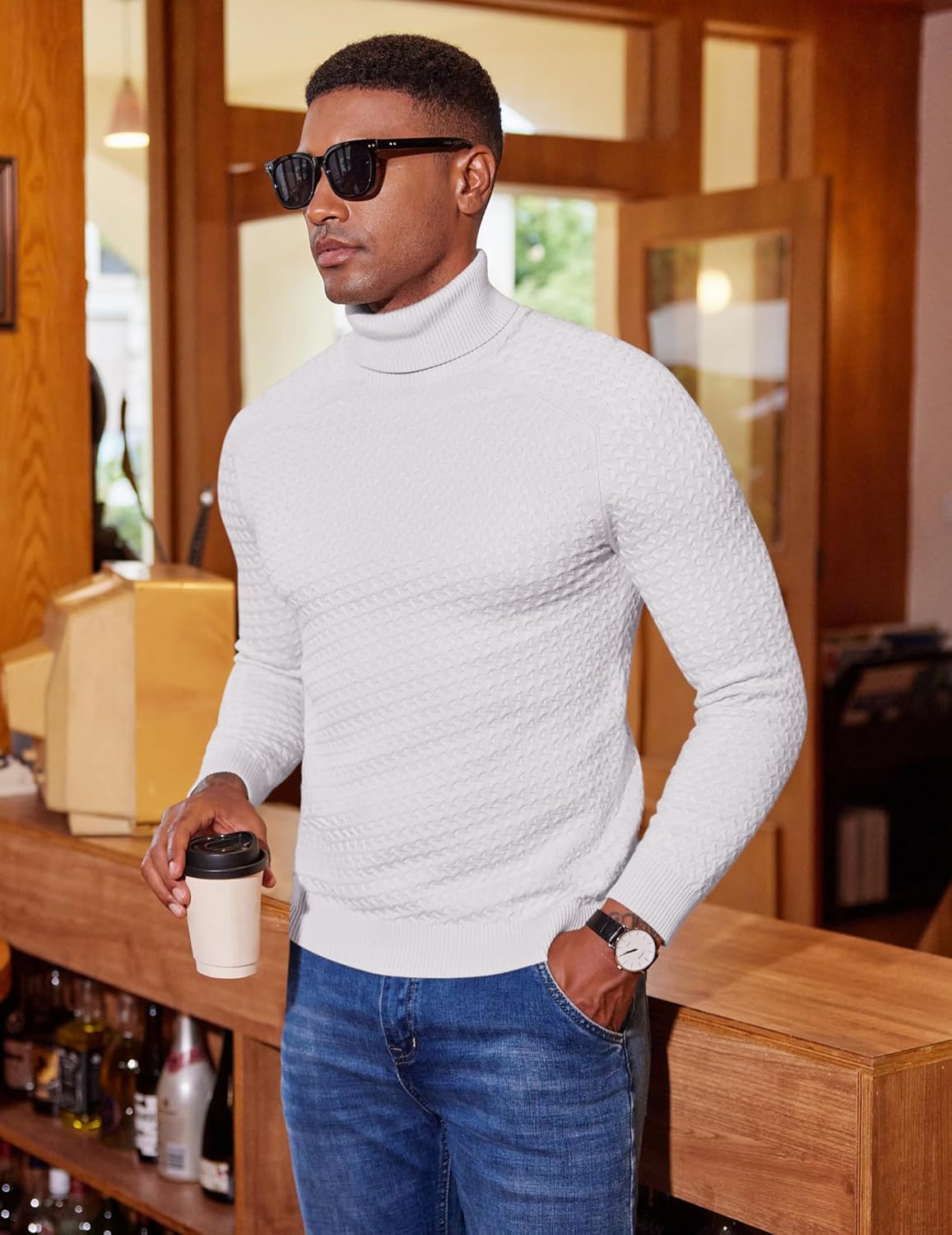 Thumbnail 2 de COOFANDY Pull Col Roulé Homme Tricoté Doux — Pull d’hiver élastique et élégant