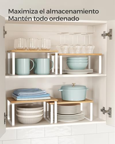 Detalle de SONGMICS Estante para Especias (Juego de 2) – Organizador Extensible con Madera de Ingeniería y Metal, Blanco Nube / Beige Natural