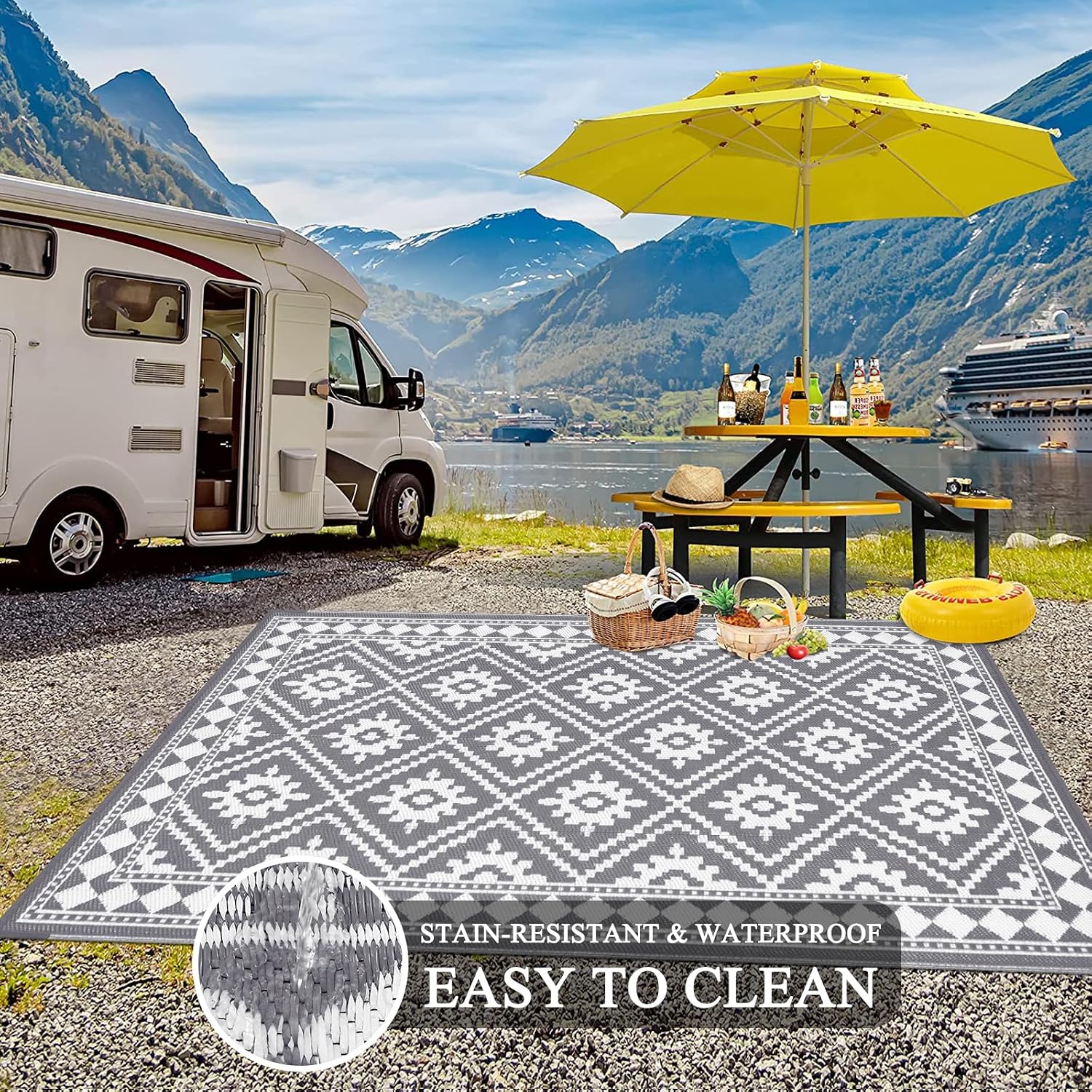 Detalle de Enyhom Groß Außenmatte 180 x 270 cm – Wendbarer, UV-beständiger Outdoor-Teppich aus recyceltem PP