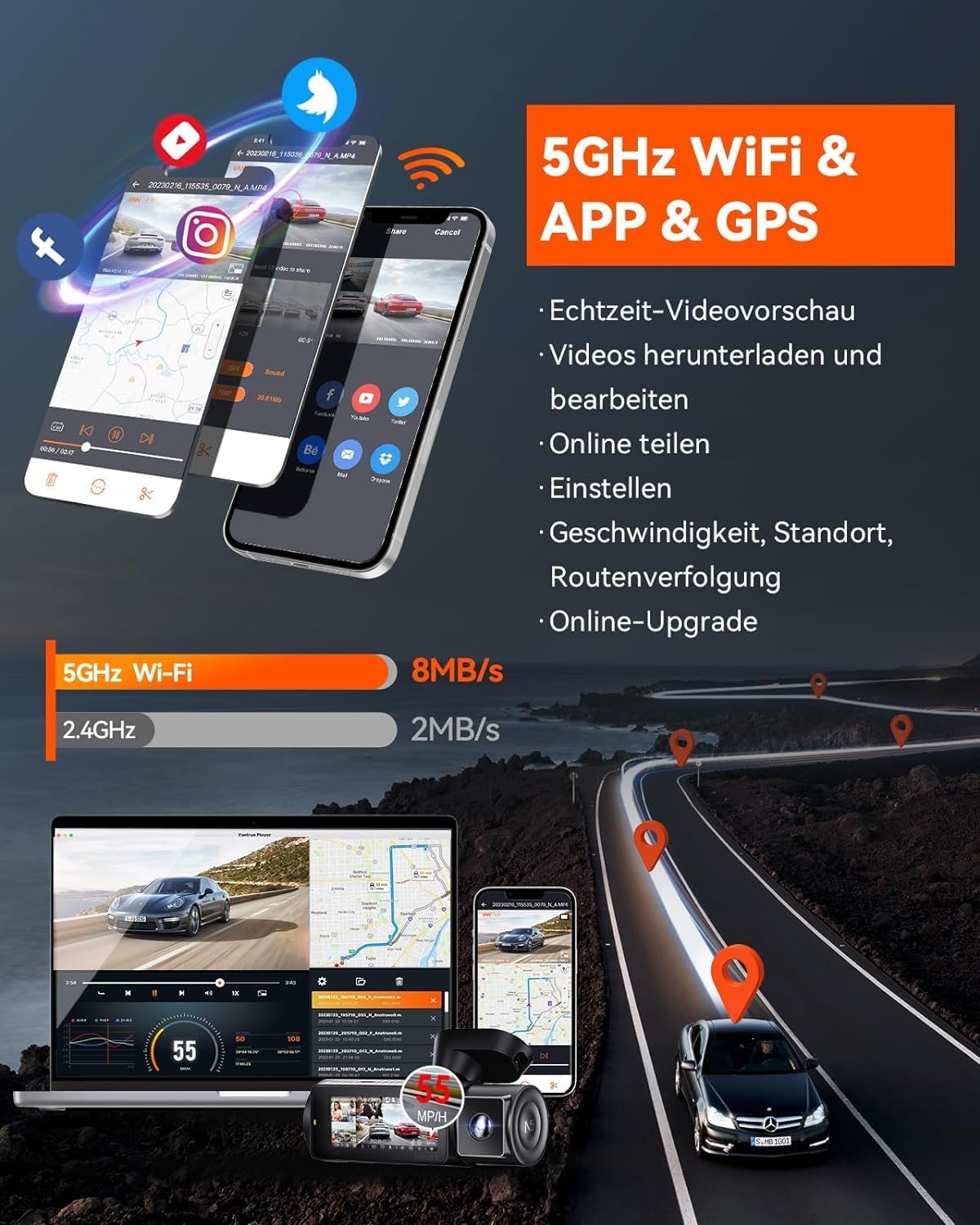 Thumbnail 5 de VANTRUE N5: Dashcam 4 canaux 2.7K + 3x1080P avec vision à 360° et GPS