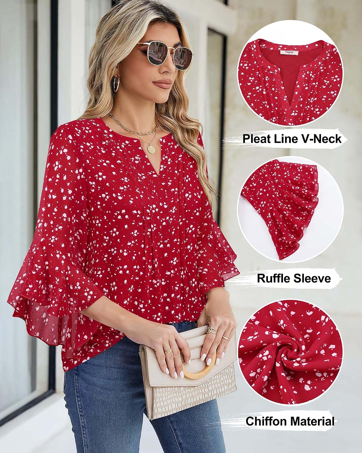 Detalle 2 de Timeson Women’s 3/4 Sleeve Dressy Casual Top (Henley V-Neck with Flounce Sleeves)