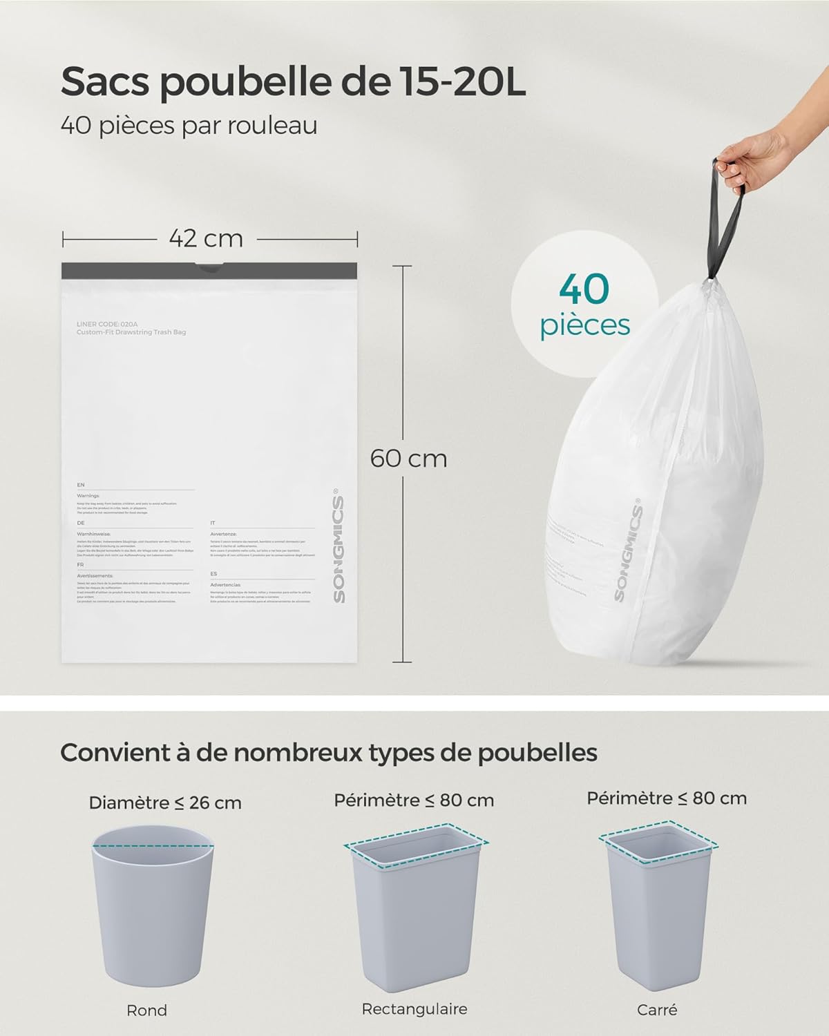 Detalle de SONGMICS Sacs Poubelles Résistants 15–20 L, 42 x 60 cm, 3 rouleaux (120 pièces) – Code 020A01, blancs