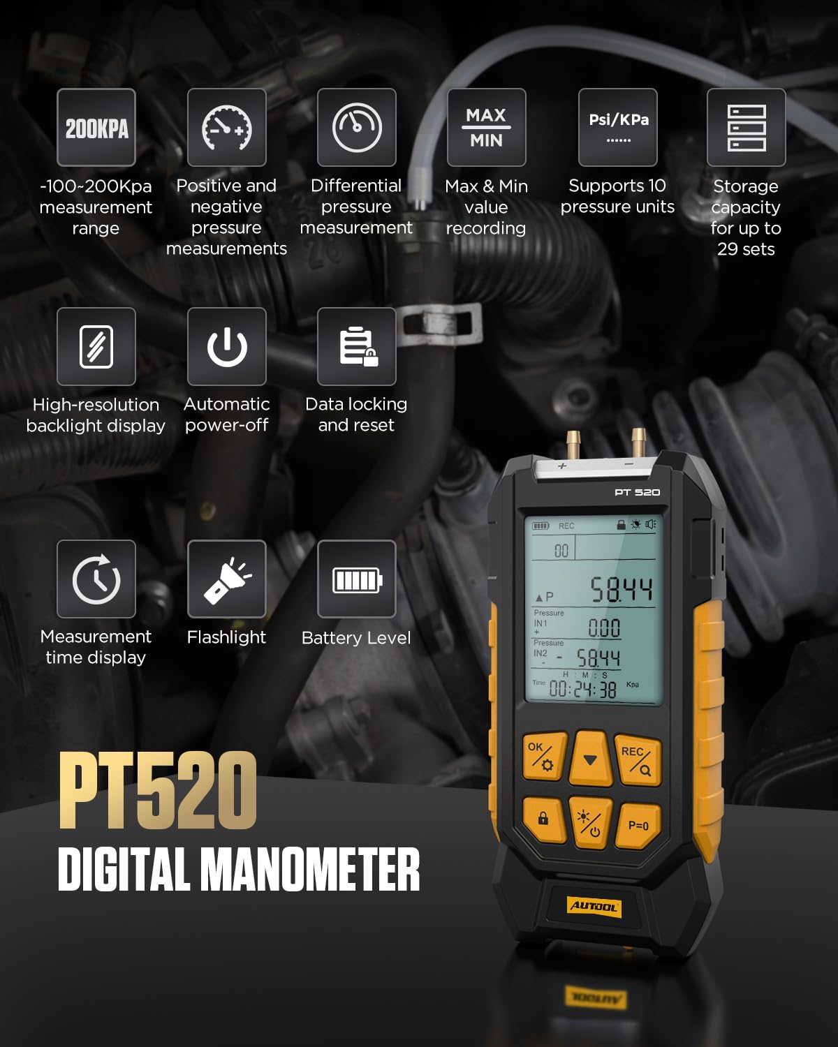 Detalle 2 de AUTOOL PT520 digital differentialtrycksmätare med ±0,3 % FS och bakgrundsbelyst LCD