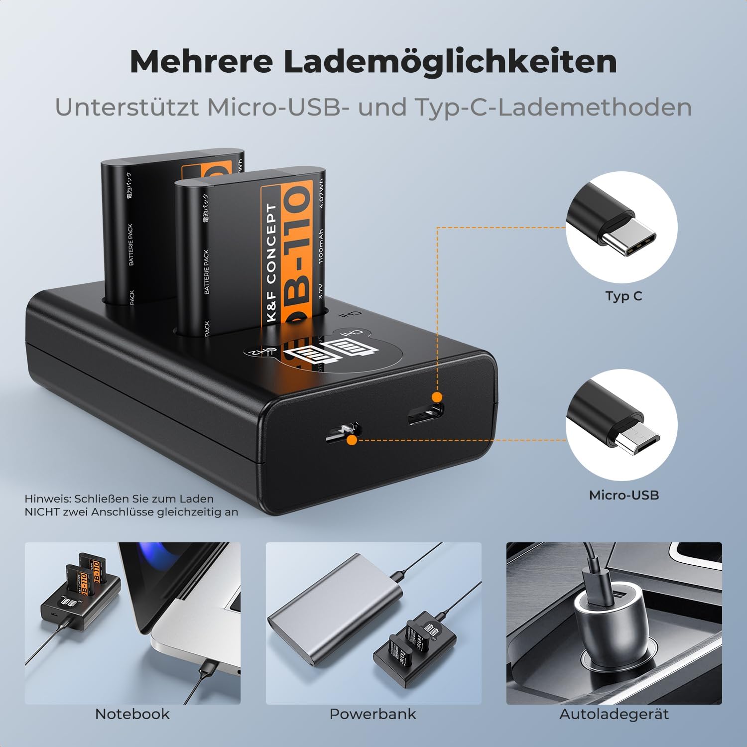 Thumbnail 3 de K&F CONCEPT 2er-Pack Ricoh DB-110 Akku (1100 mAh) mit Dual-Slot-Ladegerät und LCD