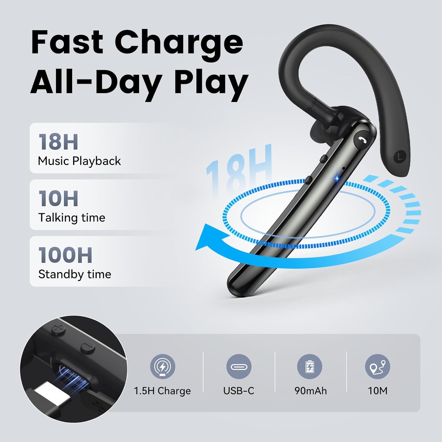 Thumbnail 3 de Bluetooth Headset V5.4 with Dual Mic, Dual Pairing and 18H Playback (handsfree earpiece)